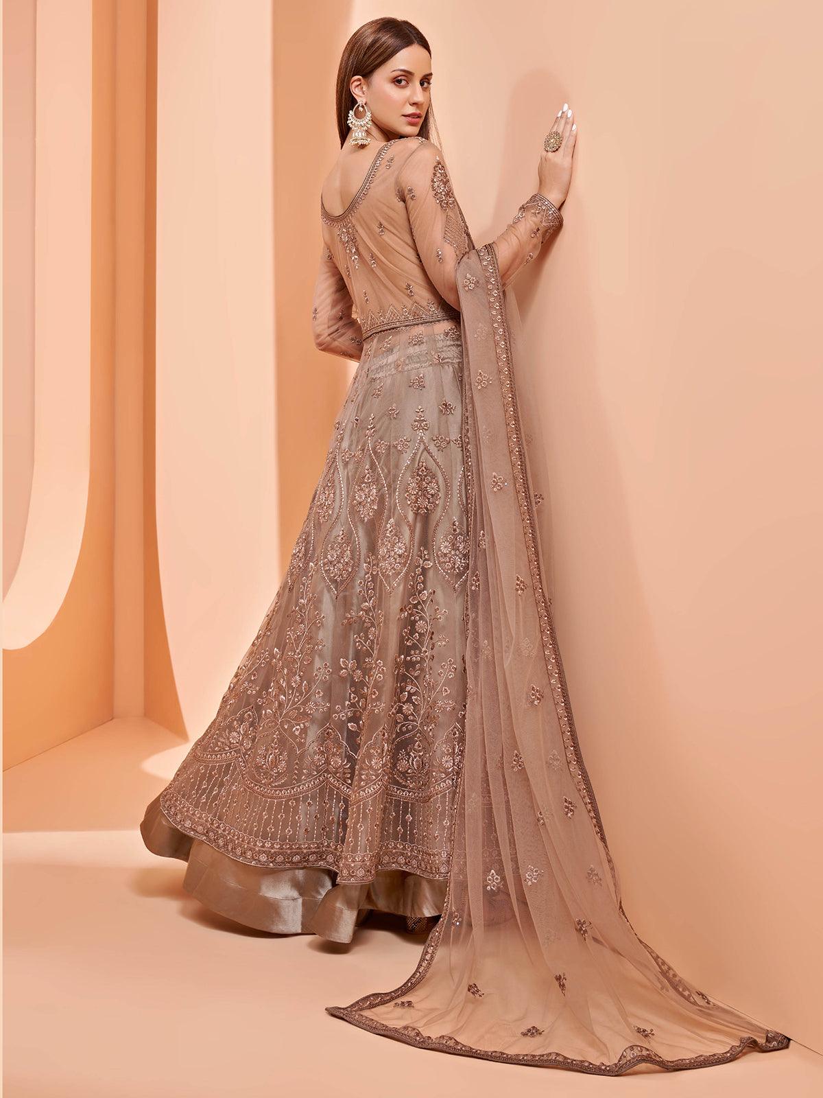 Women's Brown Color Net Base Designer Anarkali Suit - Odette