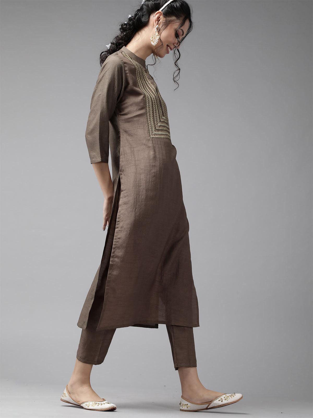 Women's Brown Embroidered Straight Kurta Trouser With Dupatta Sets - Odette