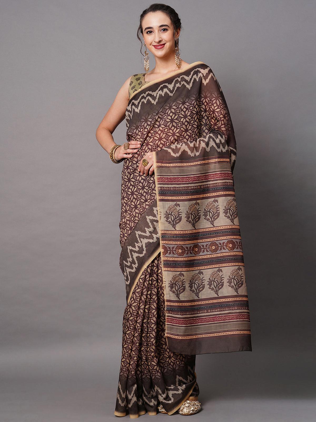 Women's Brown Festive Bhagalpuri Silk Printed Saree With Unstitched Blouse - Odette
