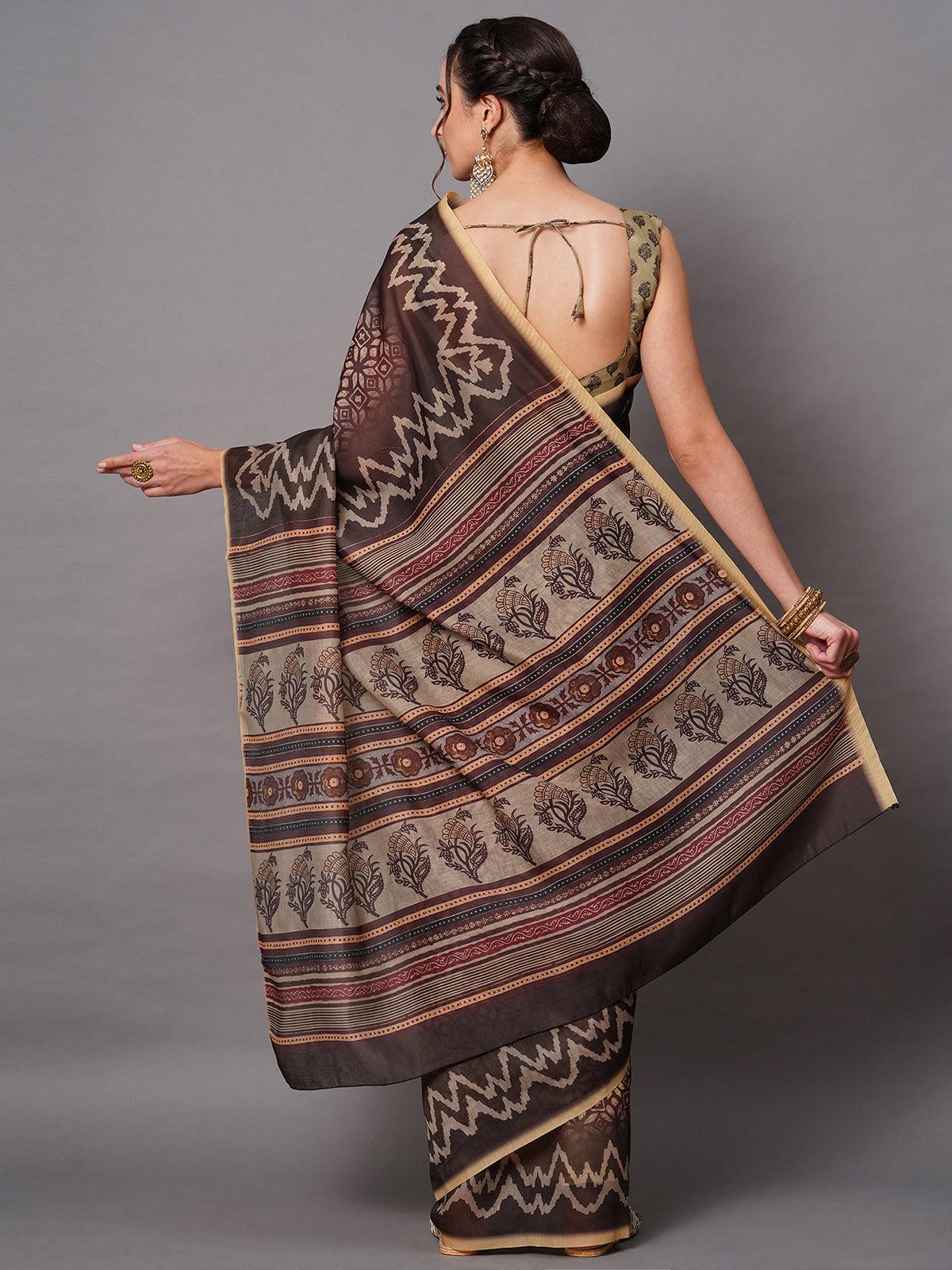 Women's Brown Festive Bhagalpuri Silk Printed Saree With Unstitched Blouse - Odette