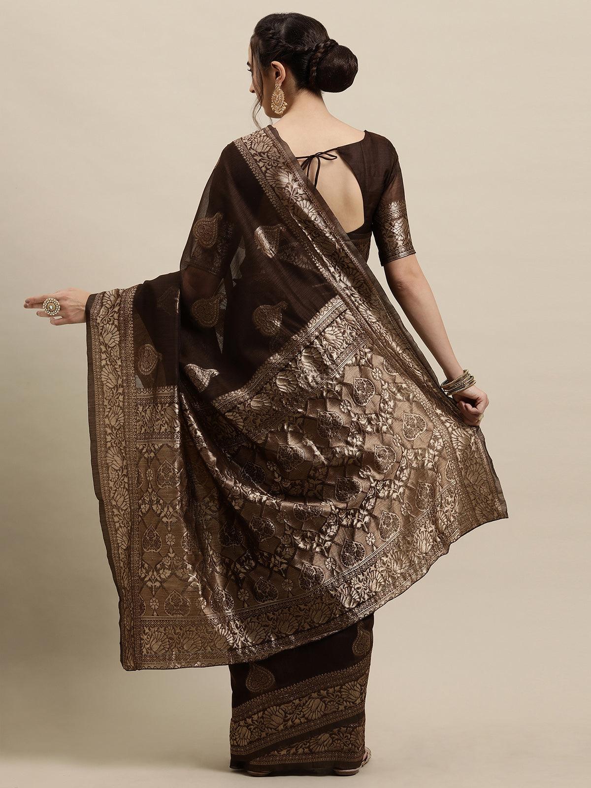 Women's Brown Festive Linen Woven Design Saree With Unstitched Blouse - Odette