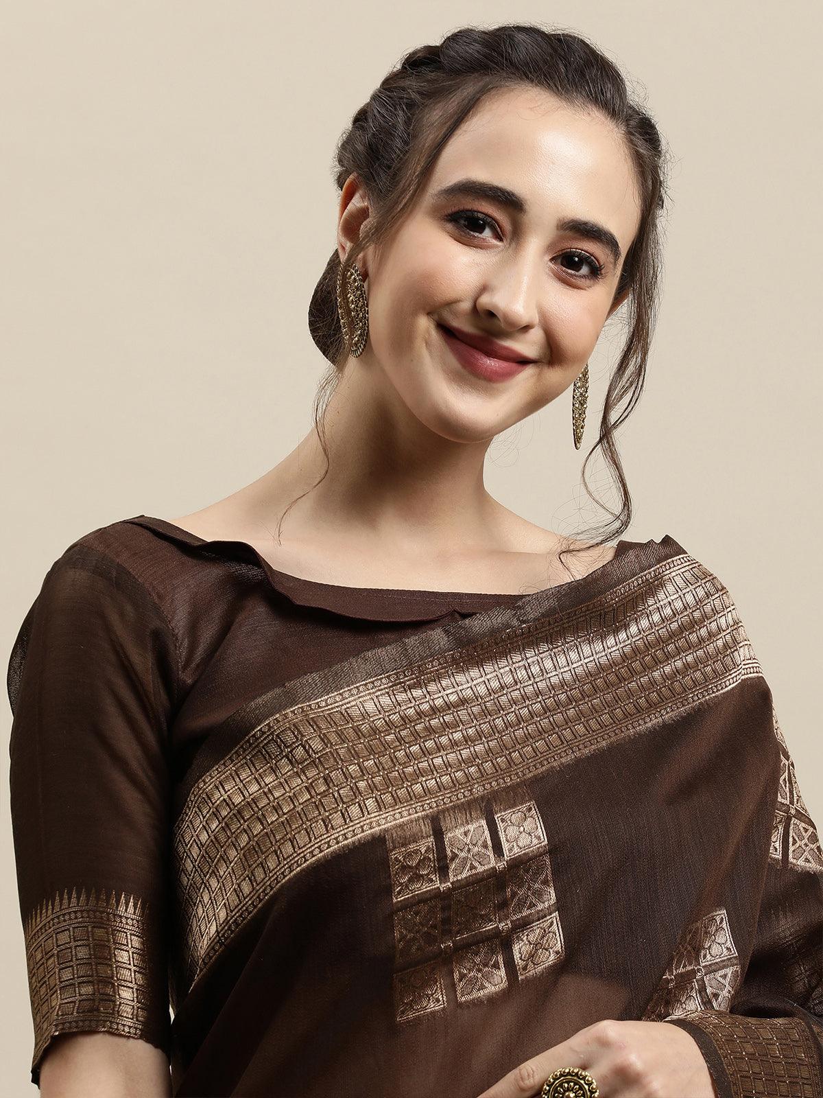 Women's Brown Festive Linen Woven Design Saree With Unstitched Blouse - Odette