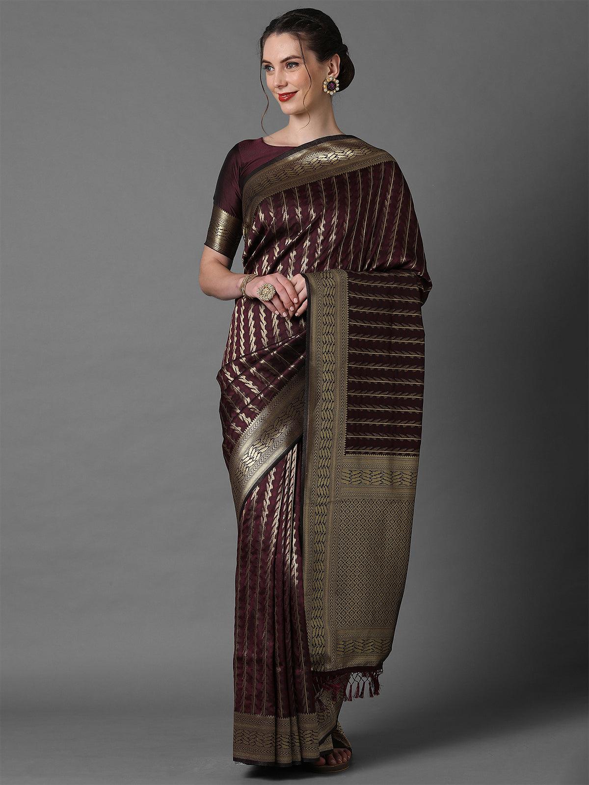 Women's Brown Festive Silk Blend Woven Design Saree With Unstitched Blouse - Odette