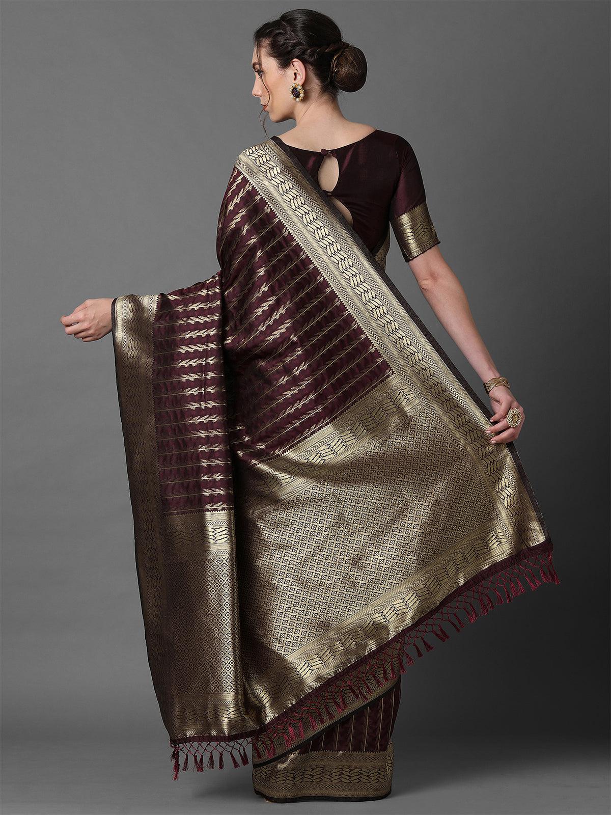 Women's Brown Festive Silk Blend Woven Design Saree With Unstitched Blouse - Odette