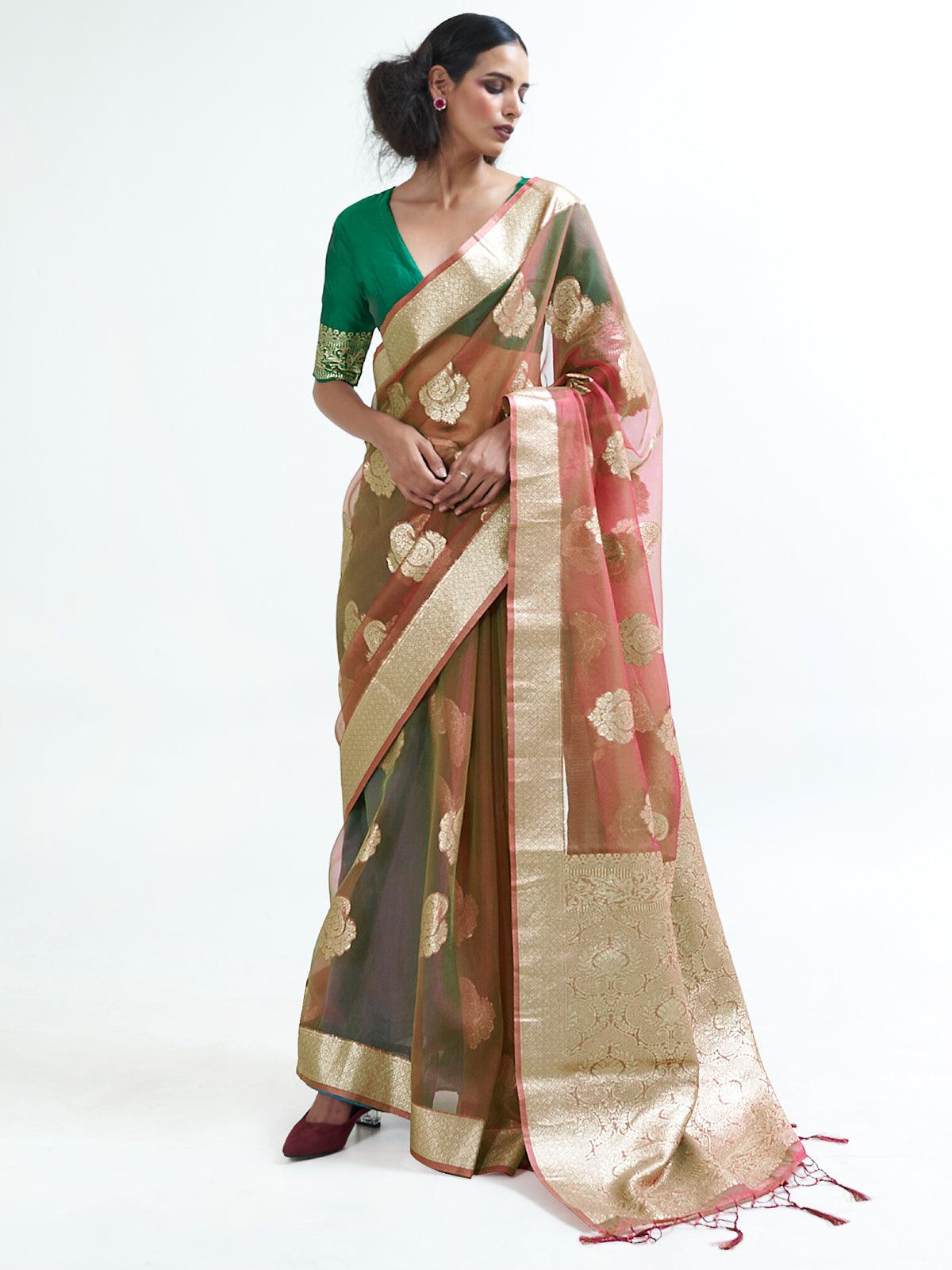 Women's Brown Party Wear Organza Woven Design Saree With Unstitched Blouse - Odette
