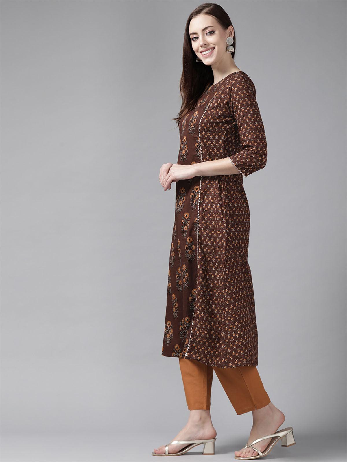 Women's Brown Printed A-Line Kurta Trouser With Dupatta Set - Odette