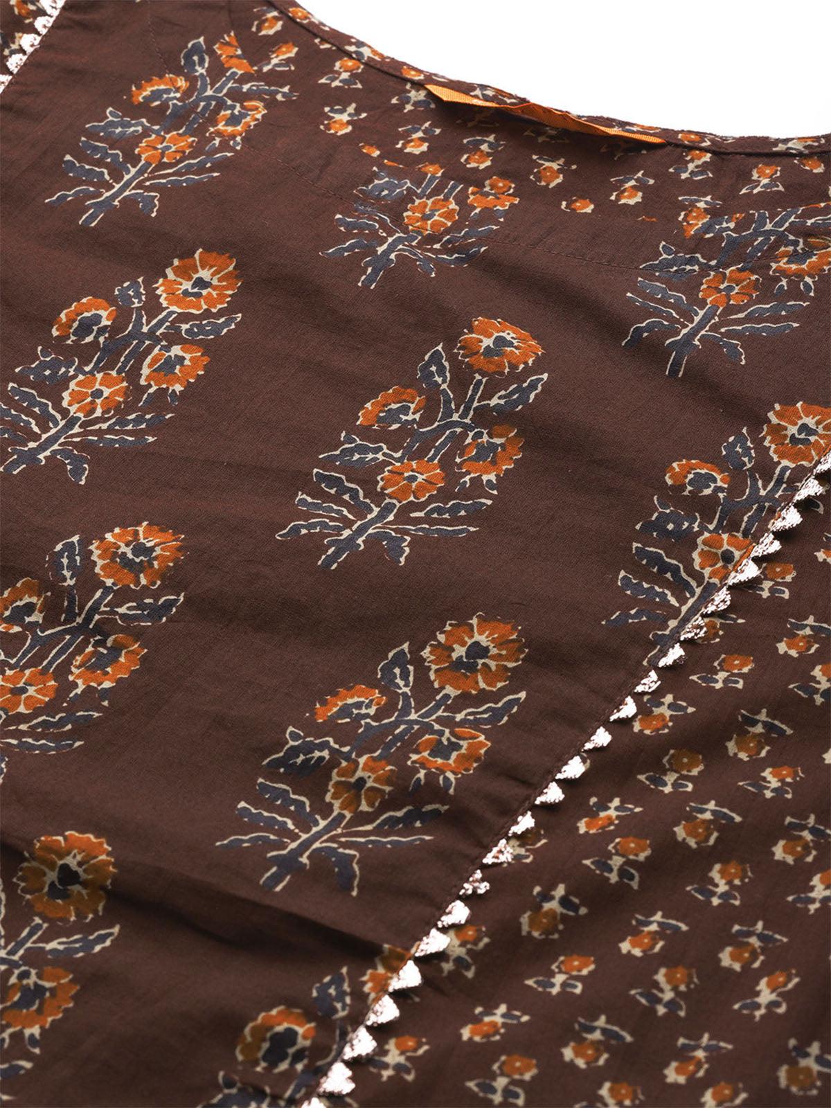 Women's Brown Printed A-Line Kurta Trouser With Dupatta Set - Odette