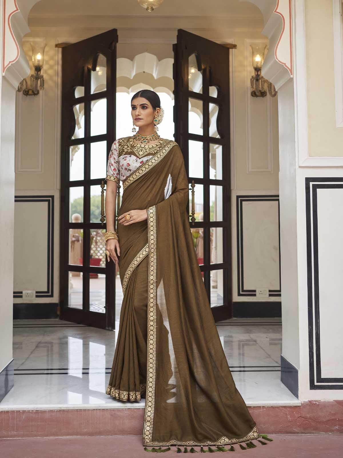 Women's Brown Two Tone Vichitra Silk Embroidered Saree With Blouse - Odette