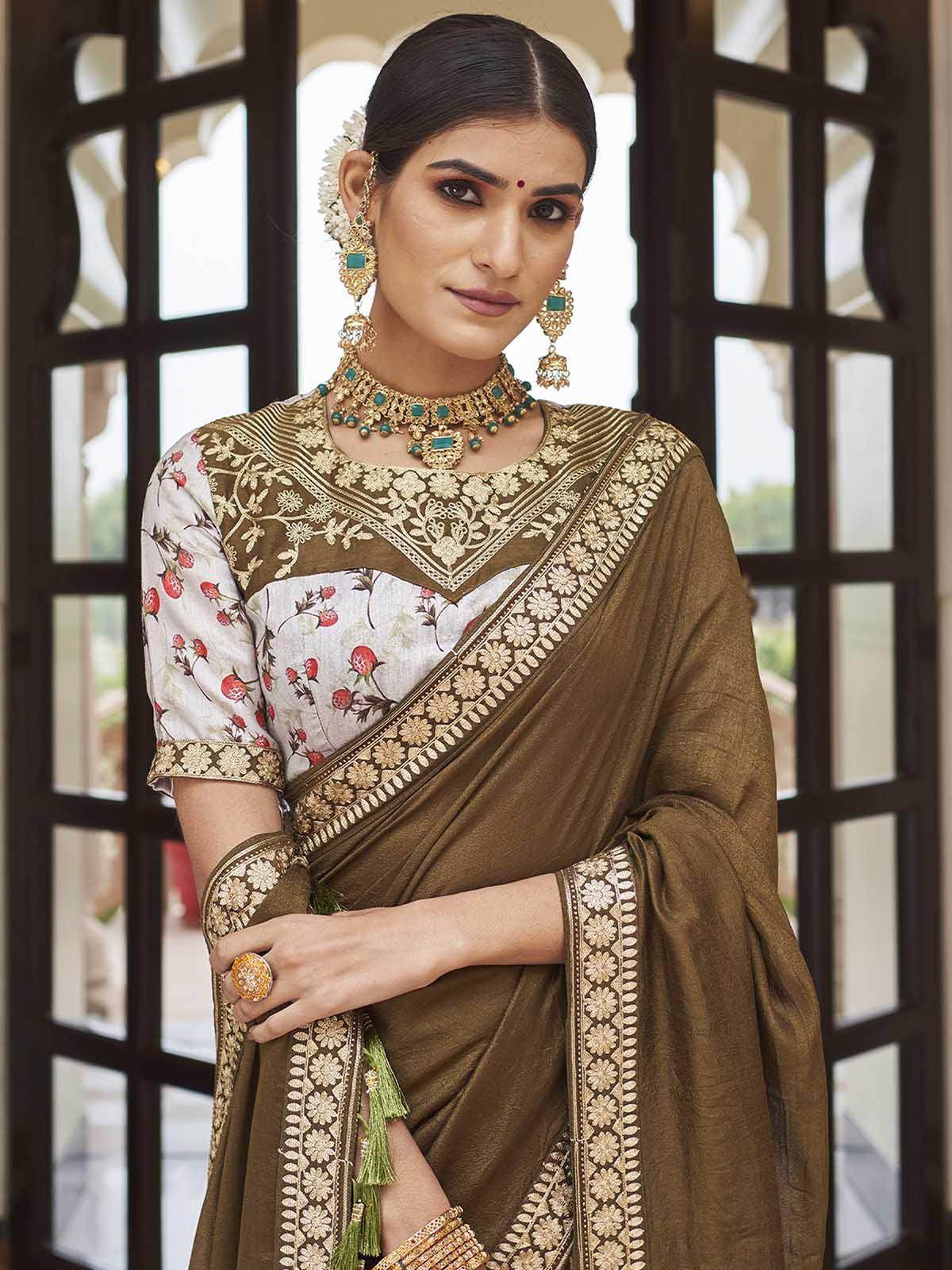 Women's Brown Two Tone Vichitra Silk Embroidered Saree With Blouse - Odette