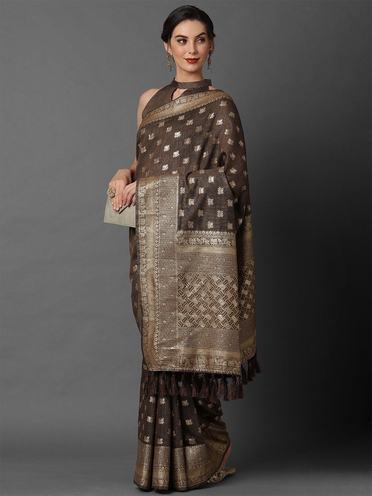 Women's Brown Wedding Silk Blend Woven Design Saree With Unstitched Blouse - Odette