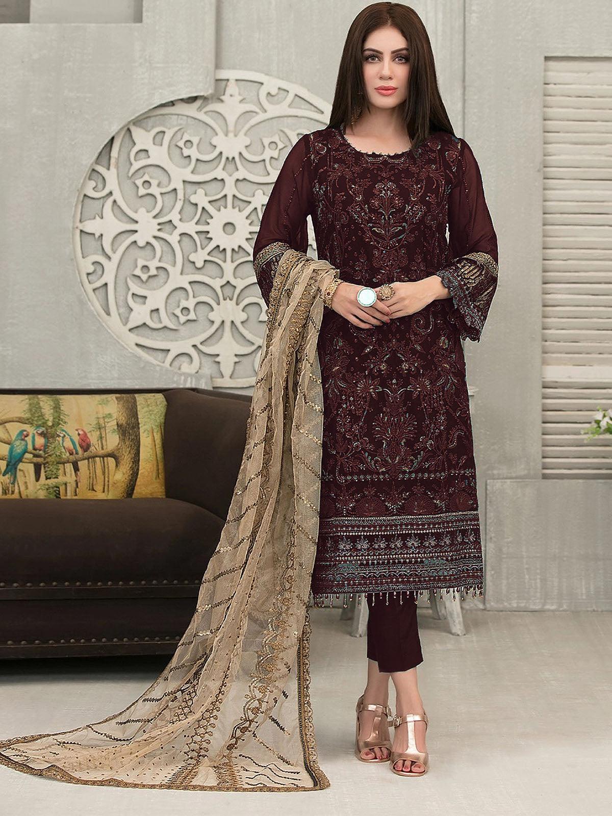 Women's Brown Embroidered Salwar Suit Set - Odette