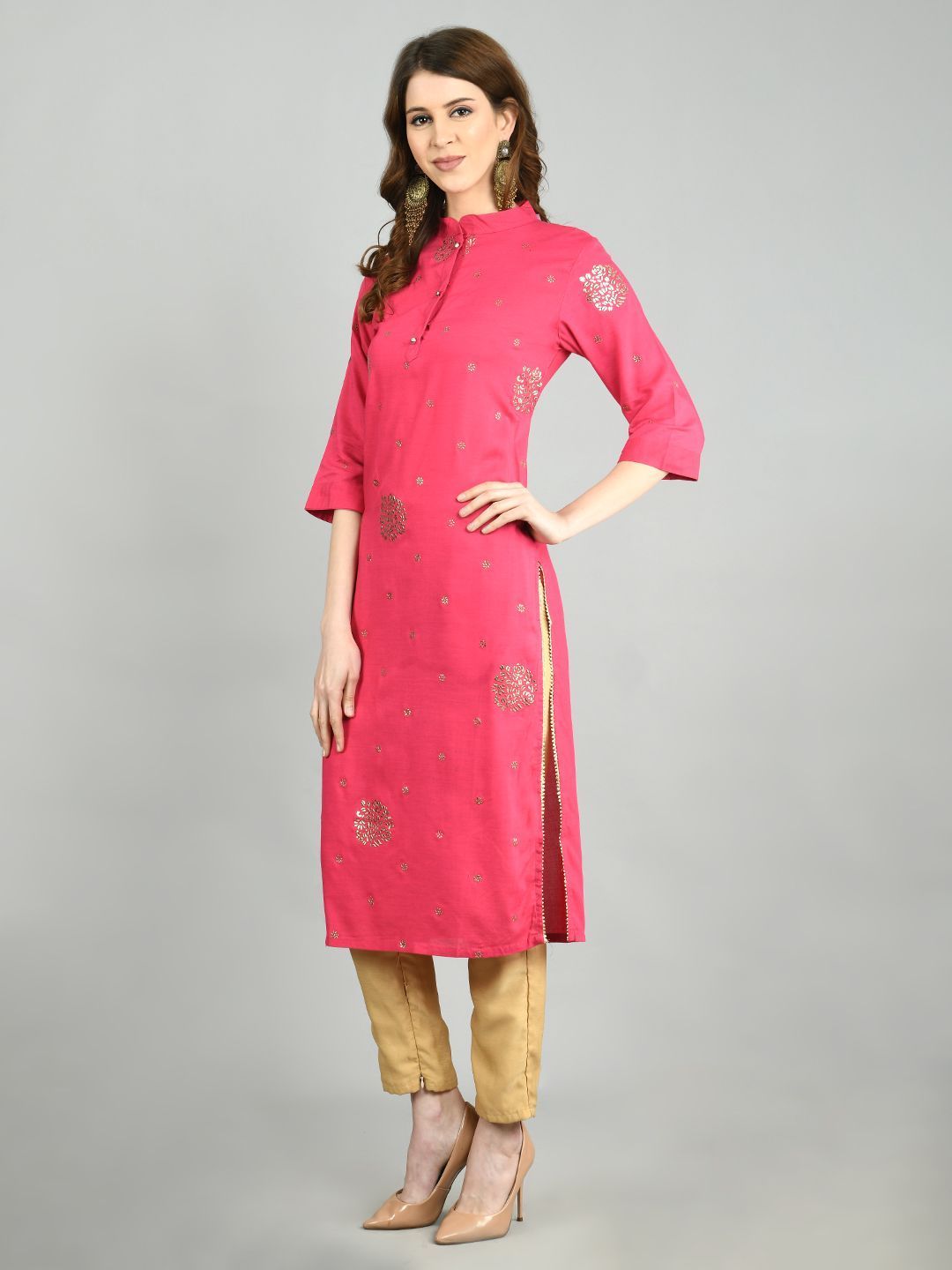 Women's Pink Cotton Printed 3/4 Sleeve Mandarin Neck Casual Kurta Dupatta Set - Myshka