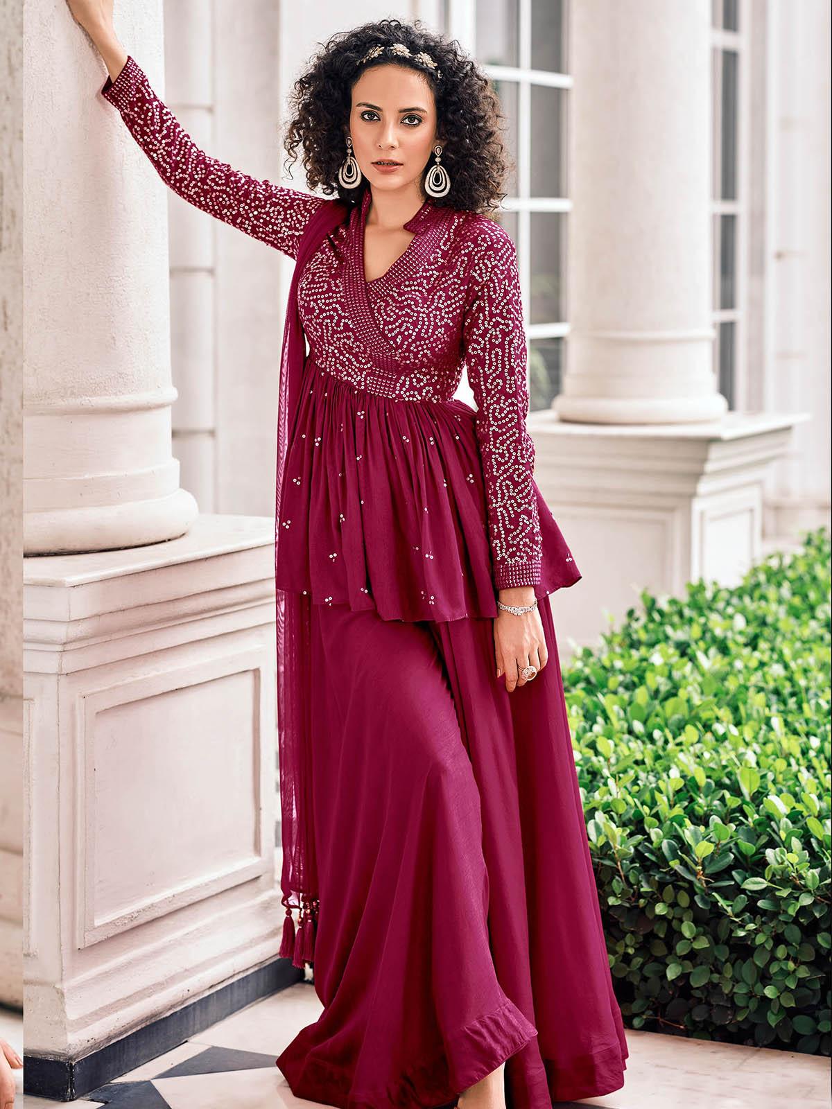Women's Burgundy Color Viscose Georgette Designer Sharara Suit - Odette