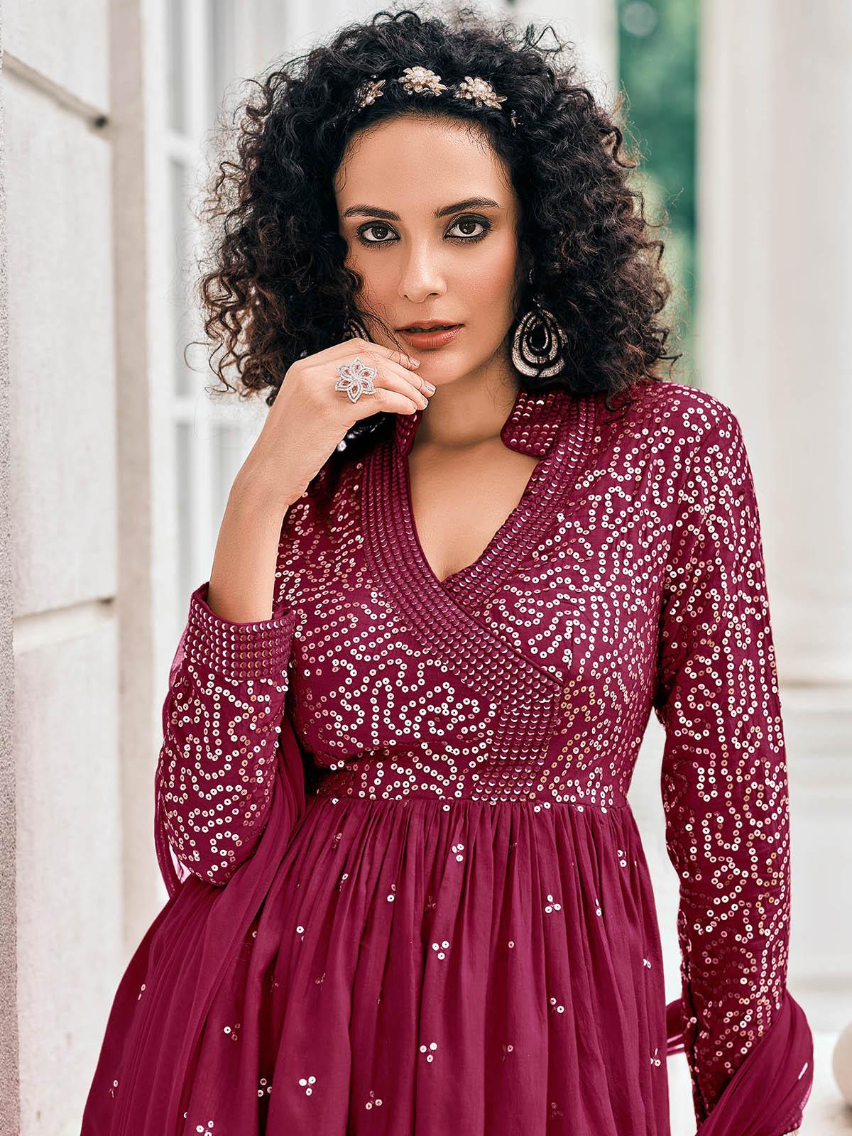 Women's Burgundy Color Viscose Georgette Designer Sharara Suit - Odette