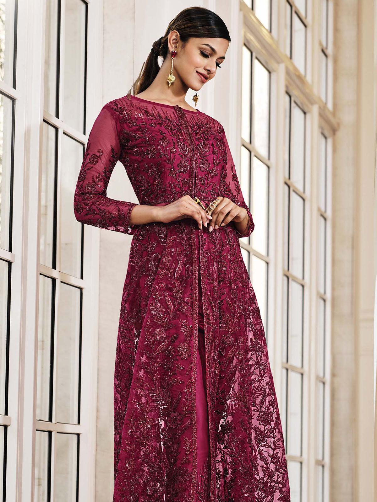 Women's Burgundy Festive Salwar Suit Sets - Odette