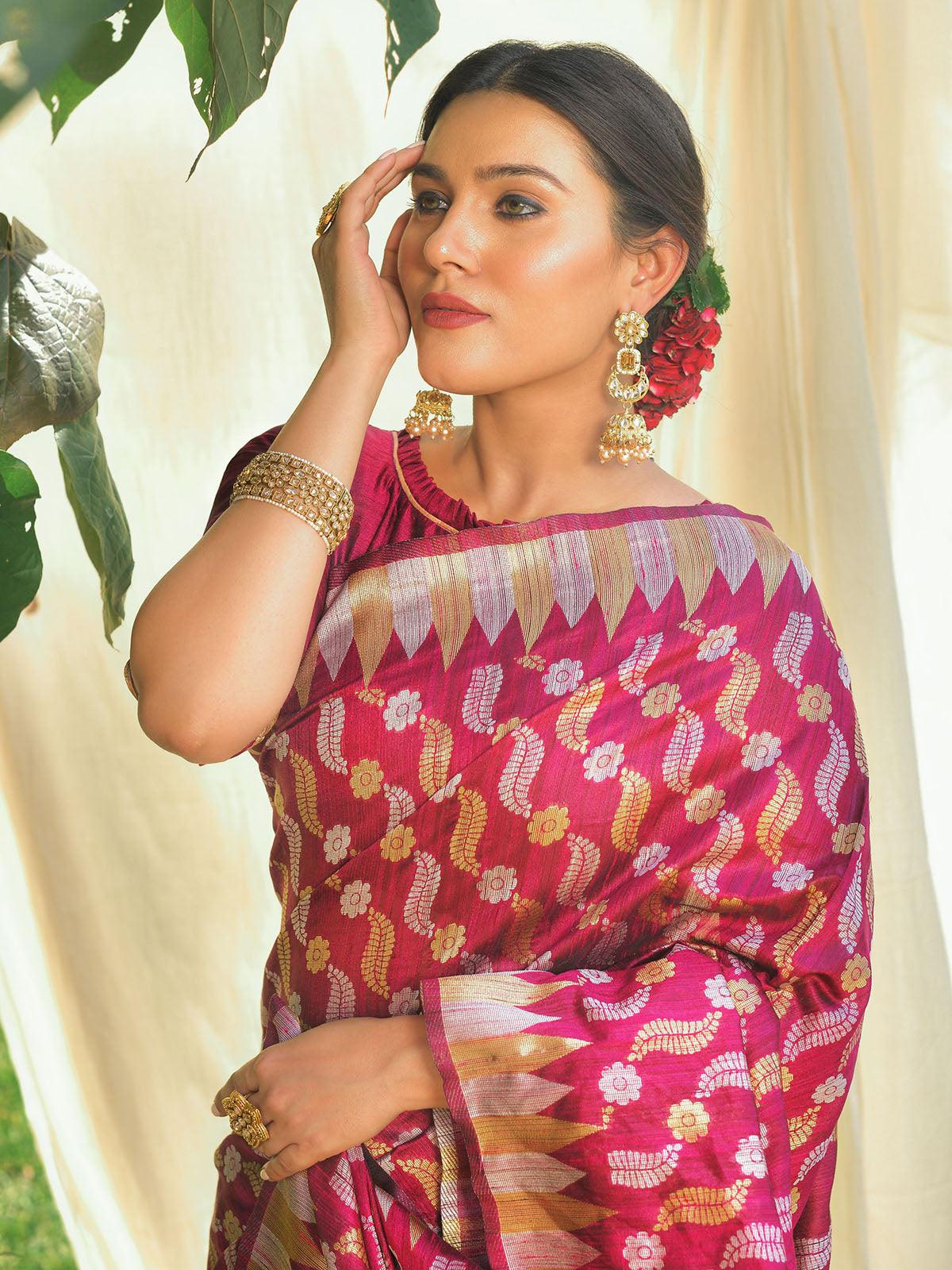 Women's Burgundy Tussar Silk Heavy Jamdani Saree - Odette