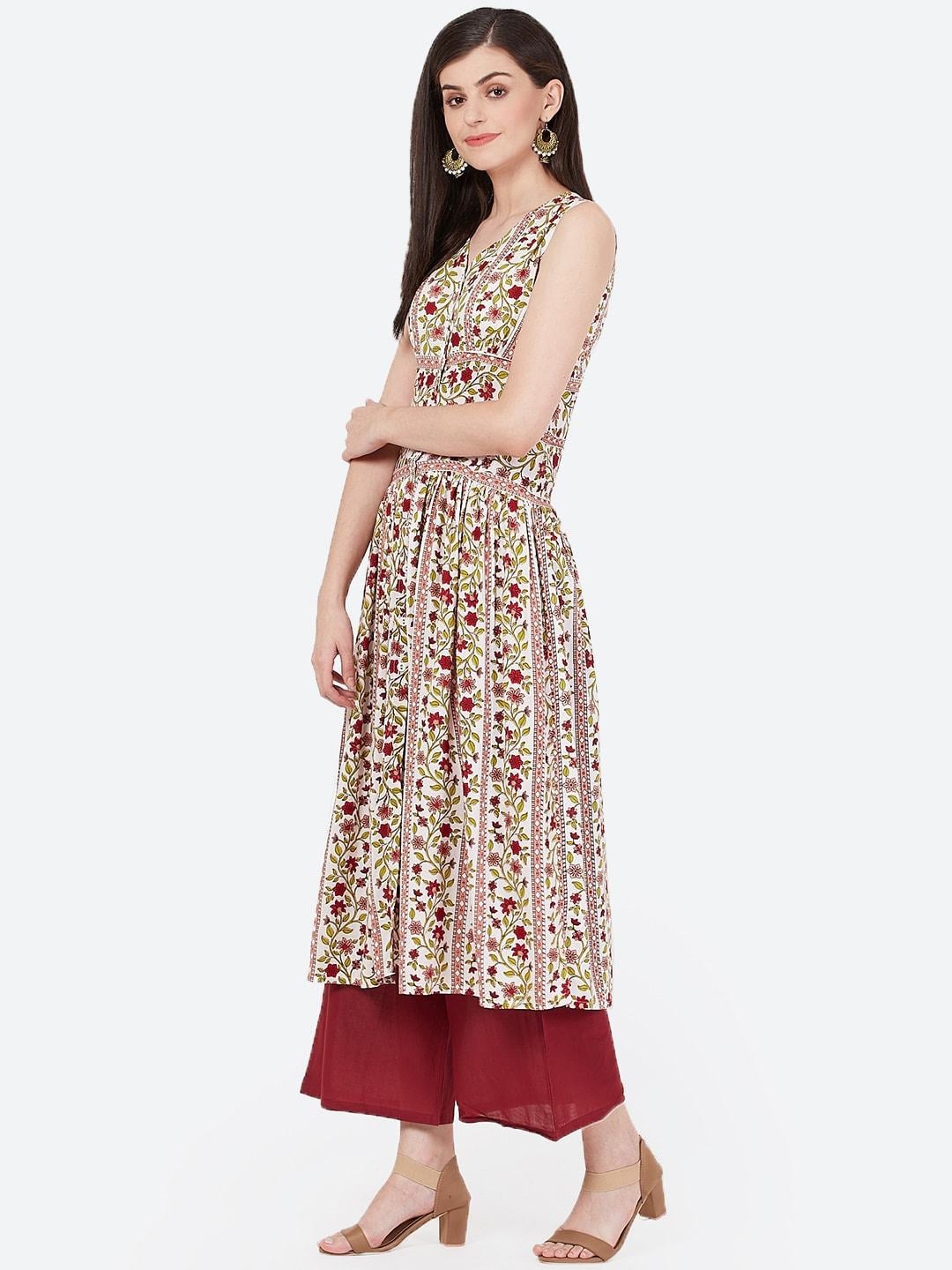 Women's Off-White & Red Printed A-Line Kurta with Gathers - Meeranshi