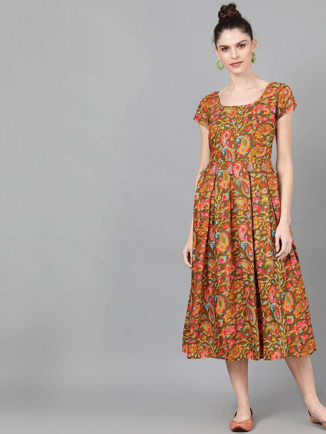 Women's  Olive Green & Orange Floral Printed Fit and Flare Dress - AKS
