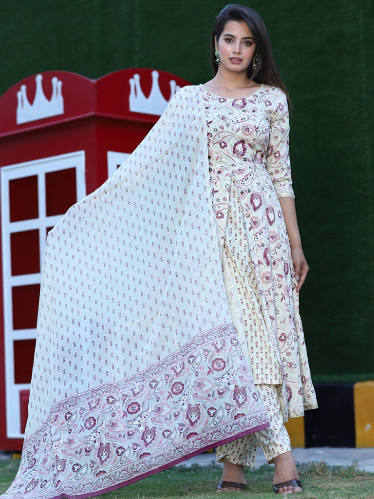 Women's Floral Printed Flared Kurta With Palazzos & Dupatta