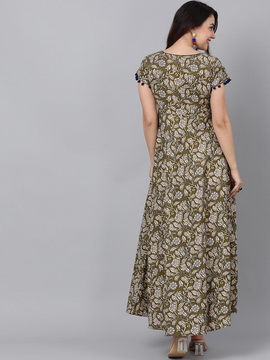 Women's  Olive Green & Beige Printed Maxi Dress - AKS