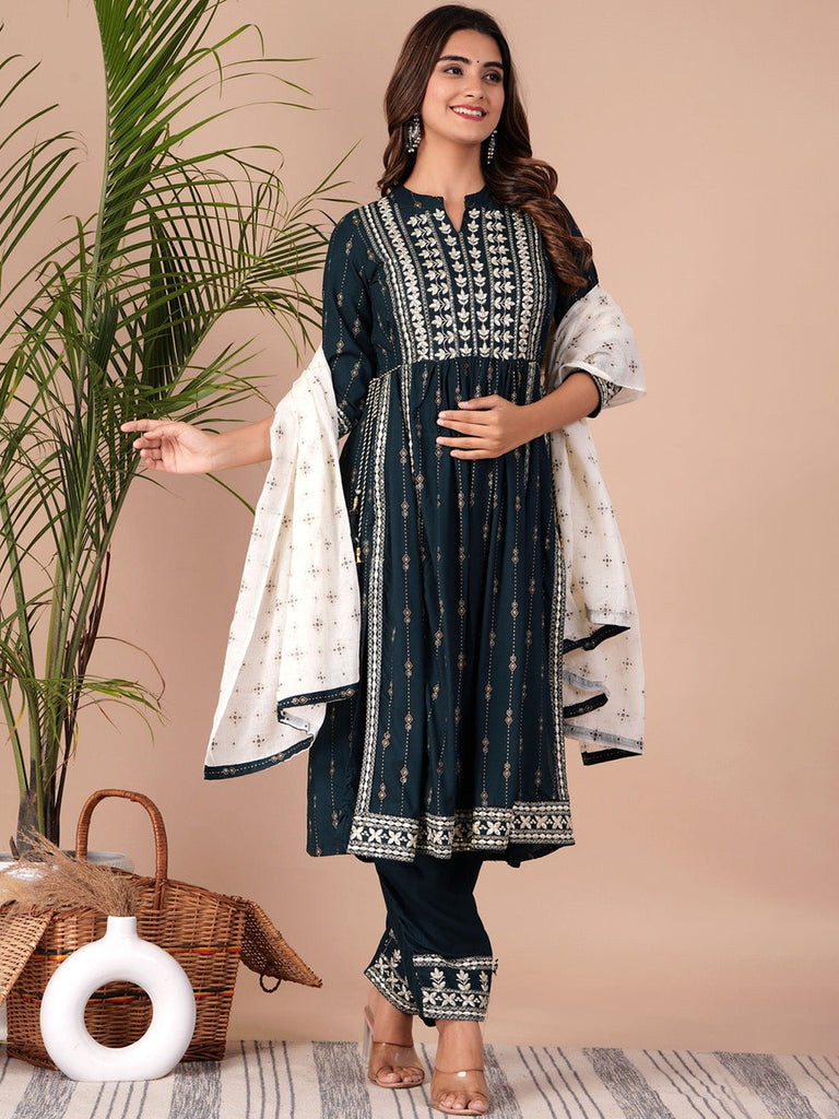 Women's Floral Printed Empire Thread Work Kurta With Palazzos & Dupatta