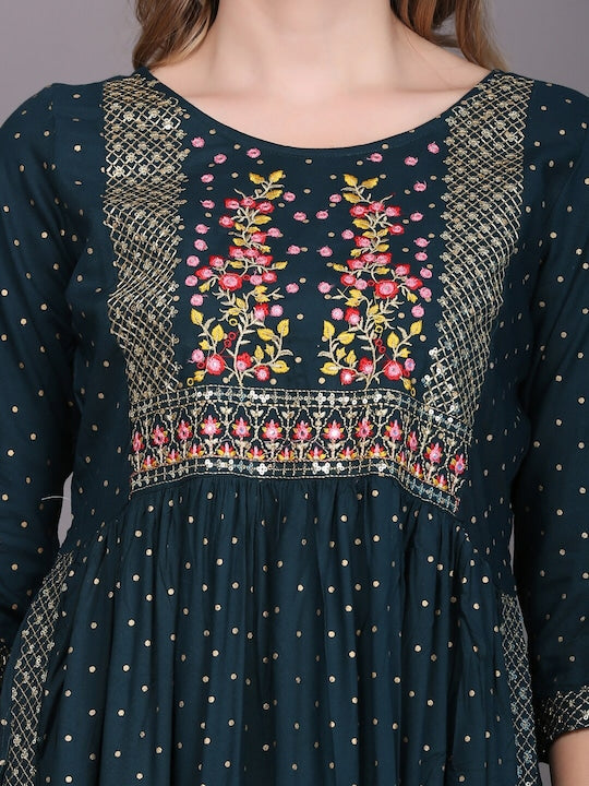 Women's Blue Ethnic Motifs Embroidered Pleated Kurta With Trousers & With Dupatta