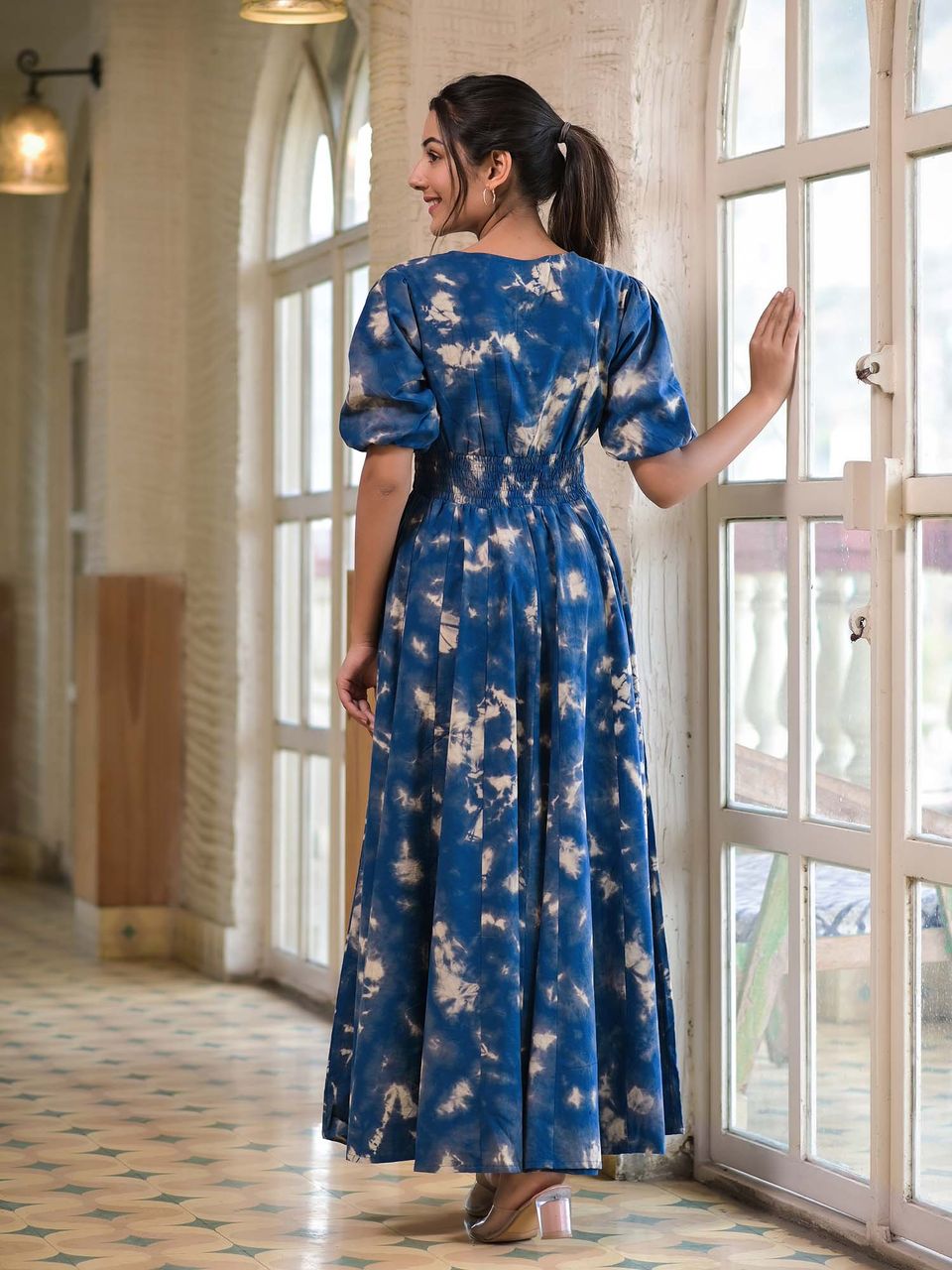 Women's Blue Tie Dye Cotton Maxi Dress - Hatheli