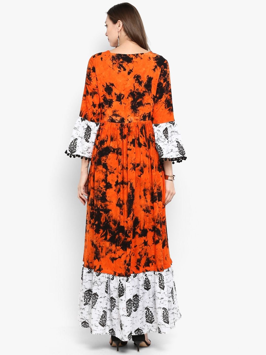 Women's Orange & Off-White Printed Maxi Dress - Meeranshi