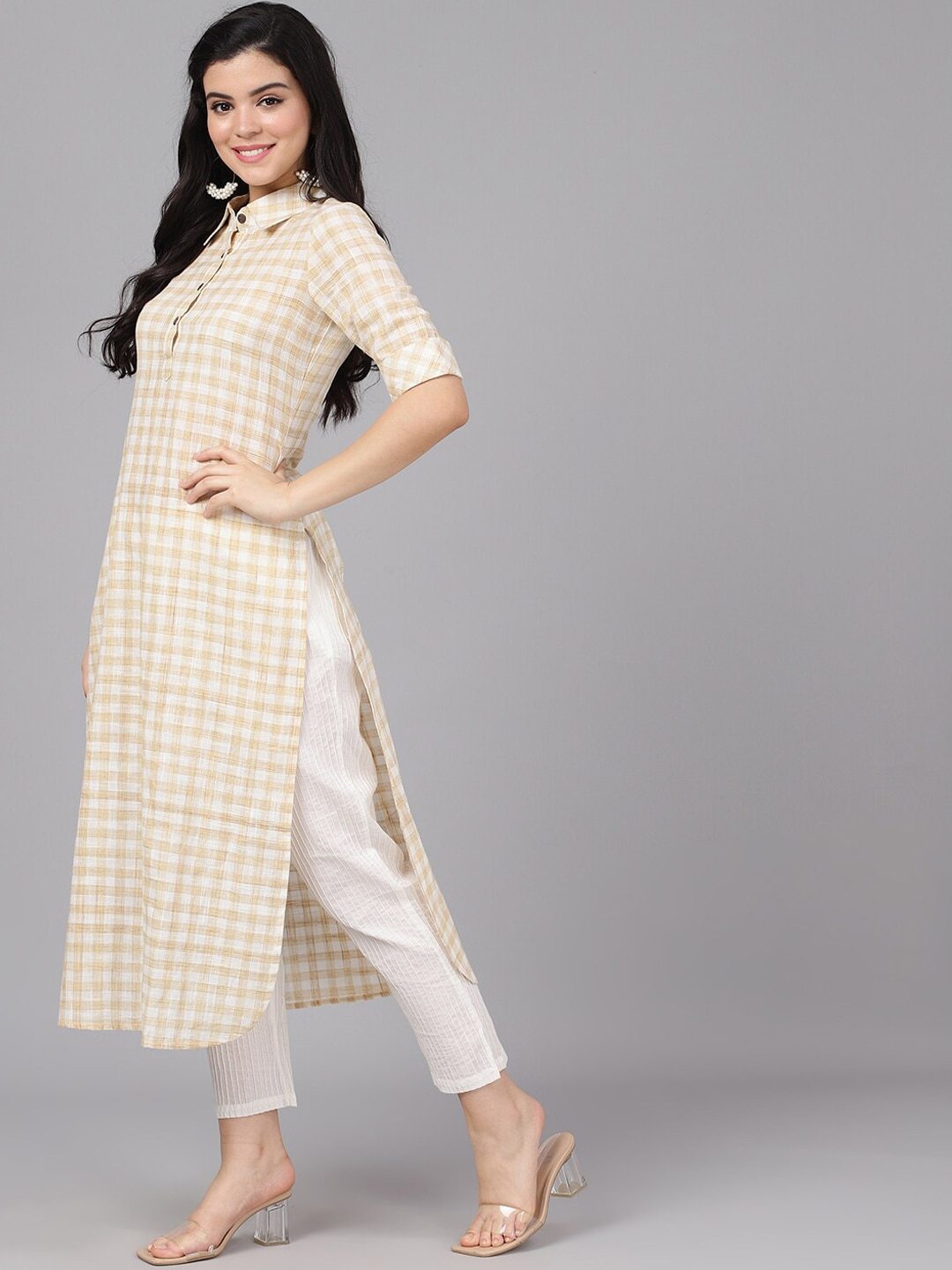 Women's  Cream-Coloured & White Checked Yarn Dyed Pathani Kurta - AKS
