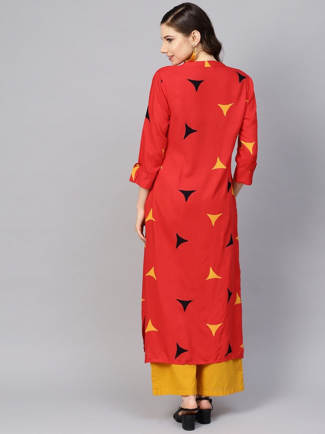 Women's Red & Mustard Yellow Printed Straight Kurta - Meeranshi