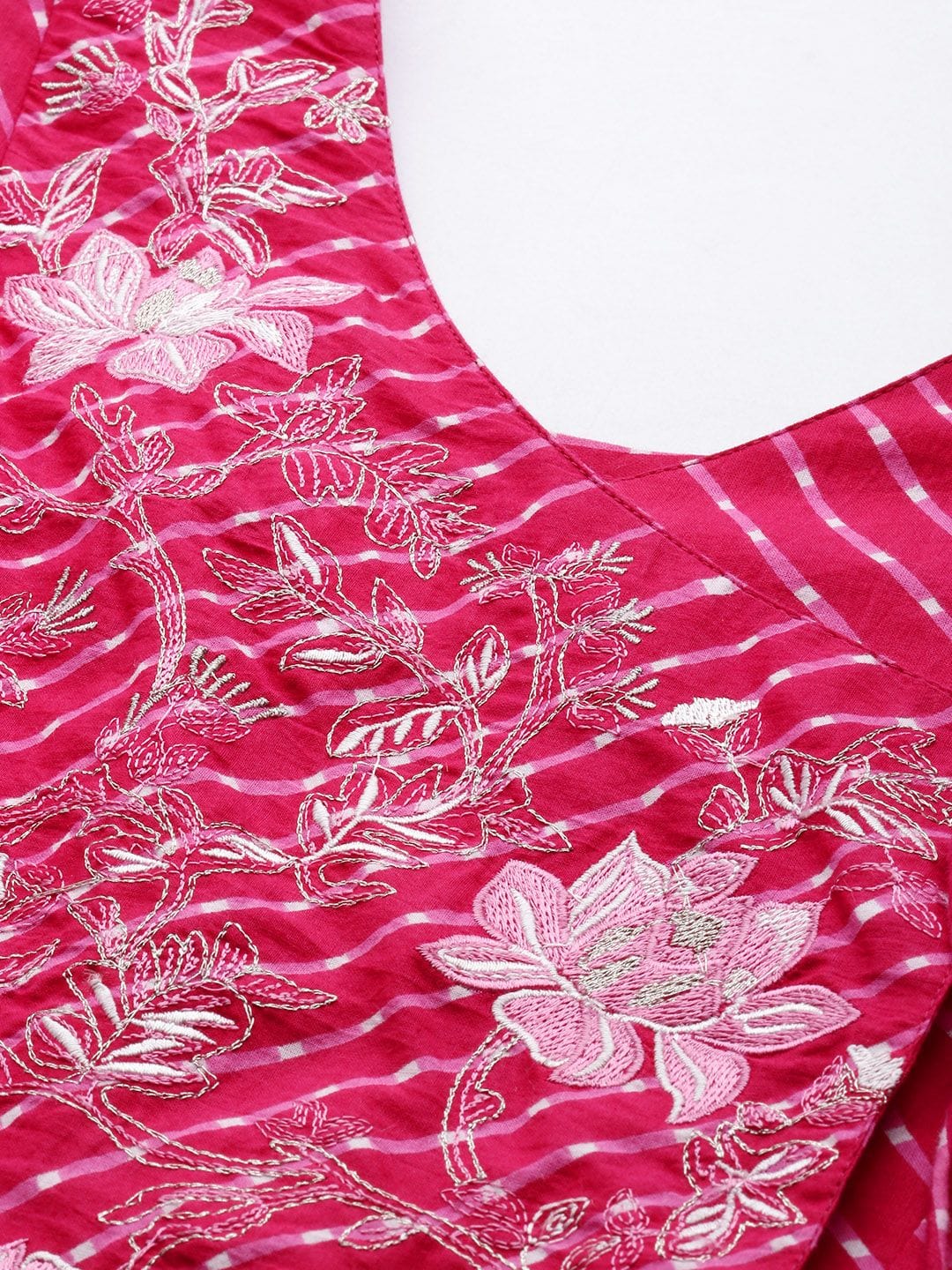 Women's Pink & White Leheriya Printed Angrakha Kurta With Embroidery - Varanga