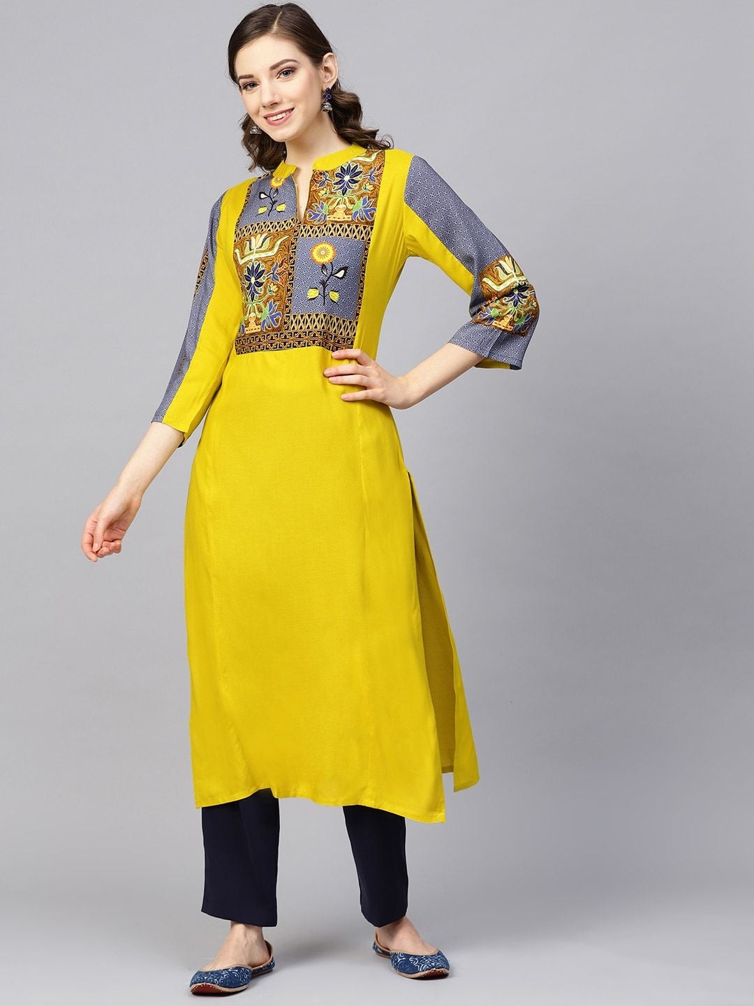 Women's Lime Green & Blue Yoke Design Straight Kurta - Meeranshi