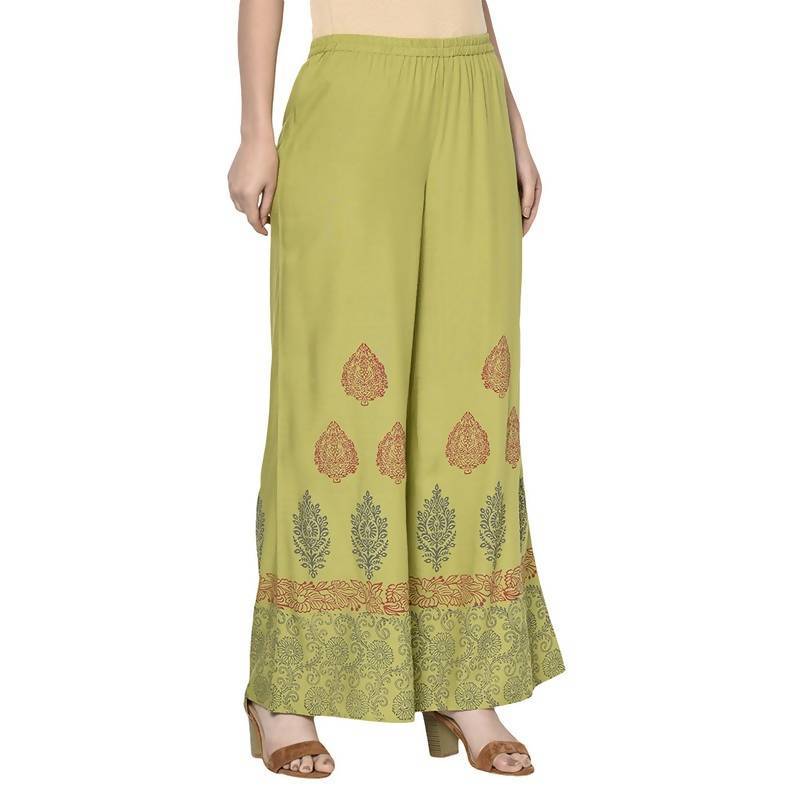 Women's Parrot Green Rayon Block Print Flared slip-on Palazzo
