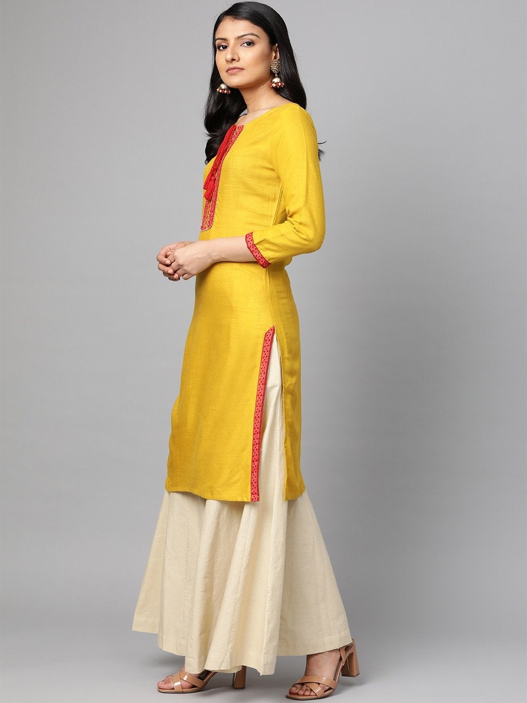 Women's Mustard Yellow & Pink Yoke Design Straight Kurta - Meeranshi