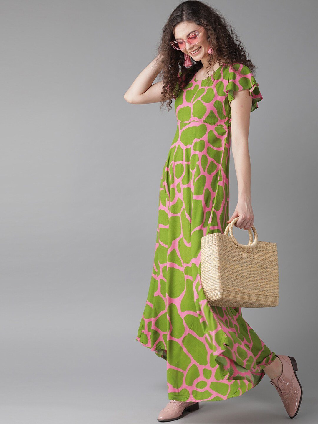 Women's  Green And Pink Printed Maxi Dress - AKS