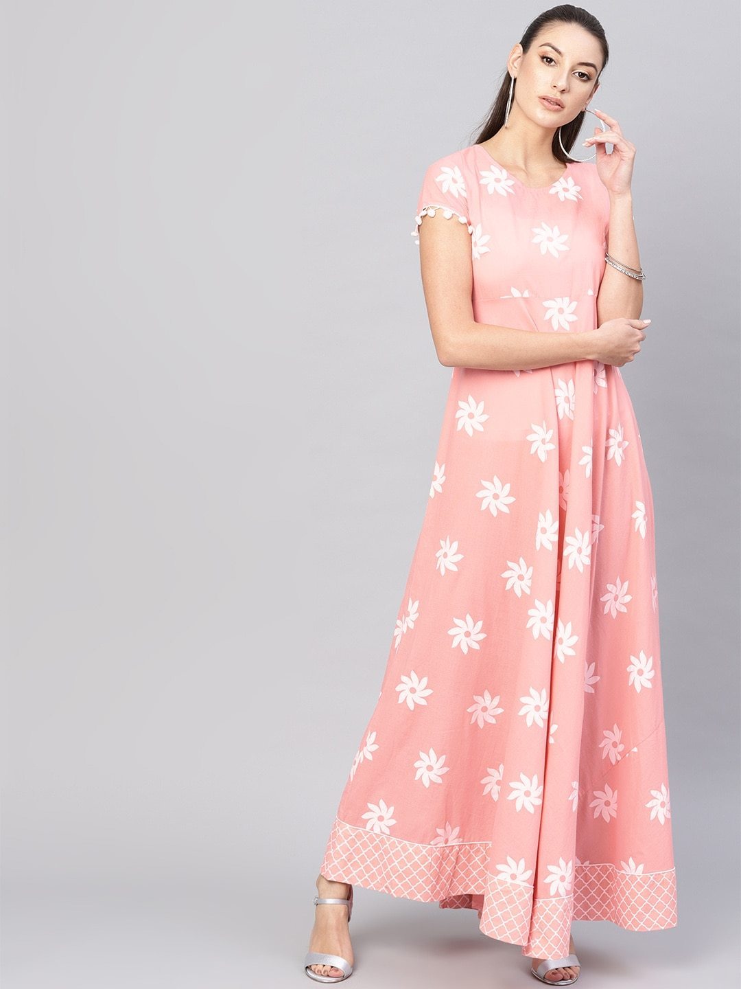 Women's  Peach-Coloured & White Floral Khari Print Maxi Dress - AKS