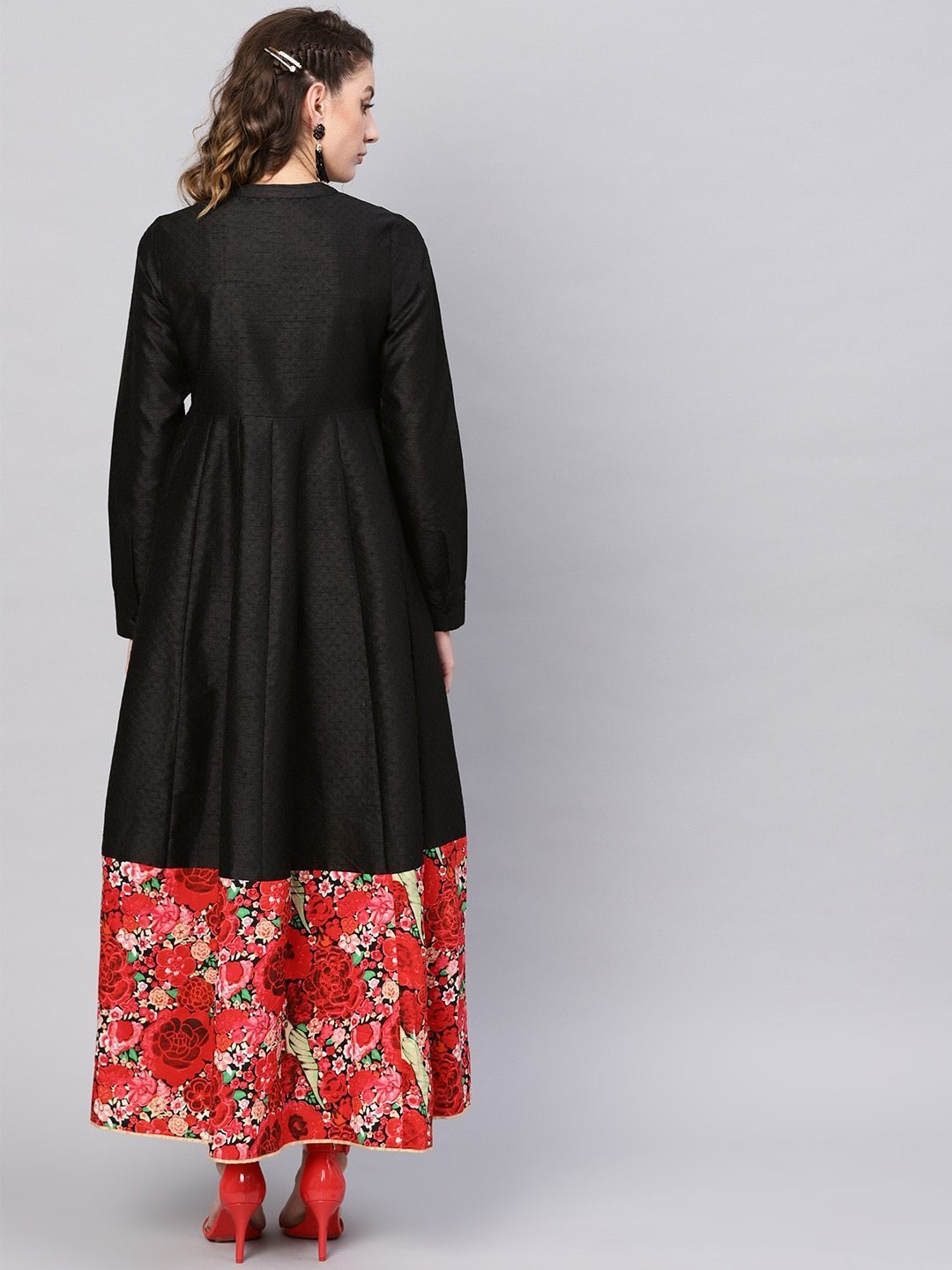 Women's  Black Floral Printed Detail Maxi Dress - AKS