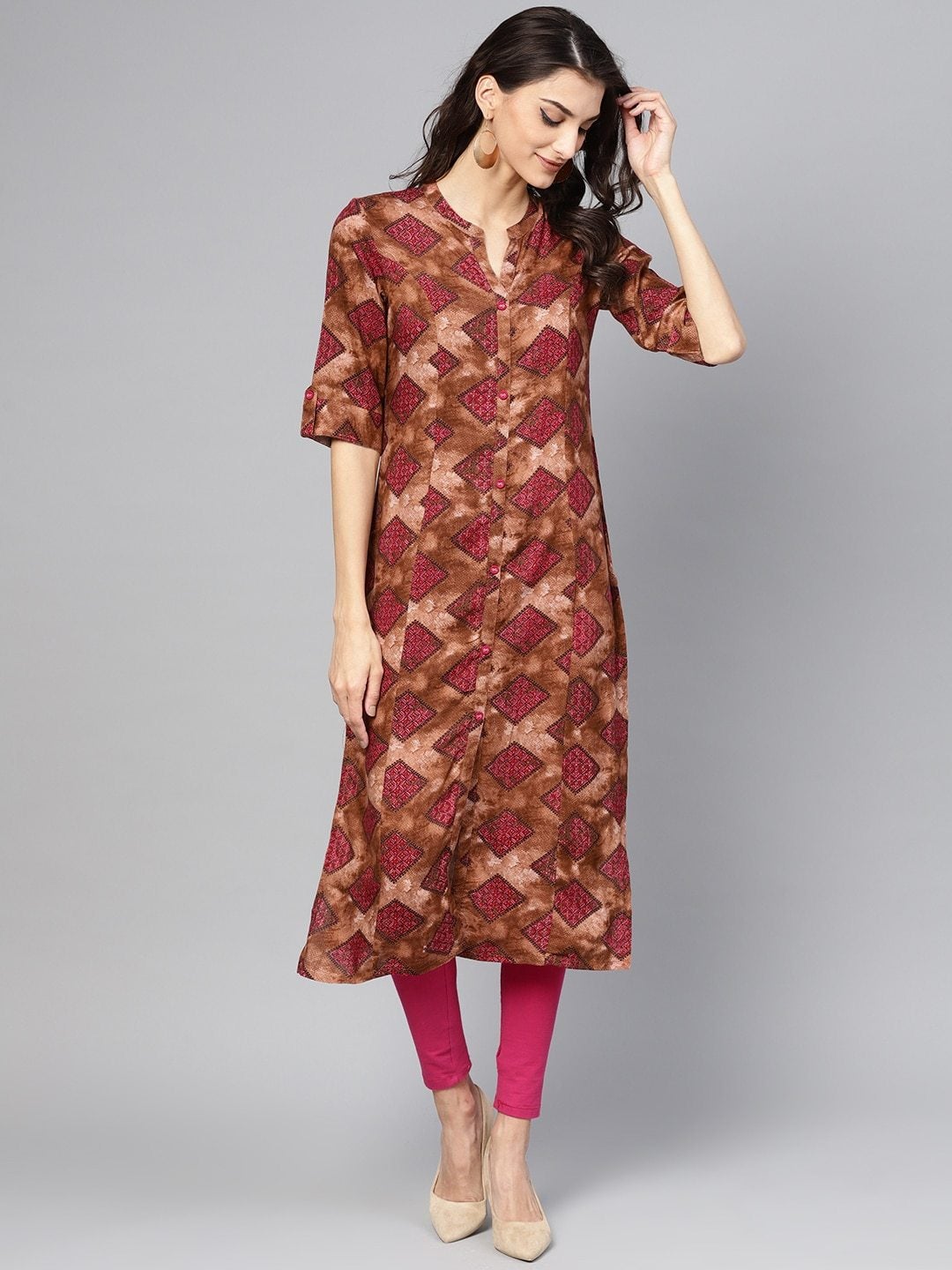 Women's Brown & Pink Printed Straight Kurta - Meeranshi