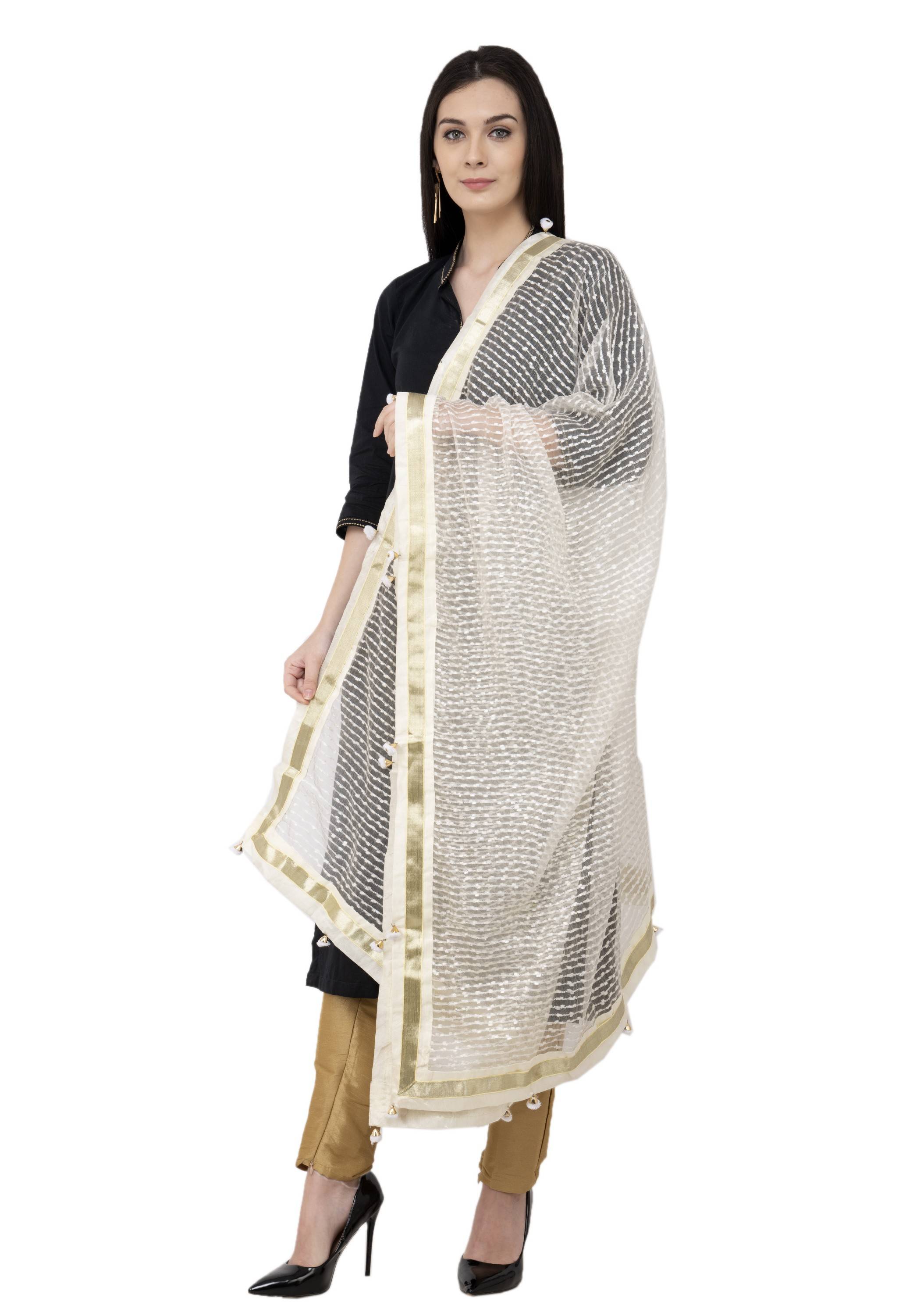 A R SILK Payal Pum Pum Fancy Dupatta Off White Color Dupatta or Chunni