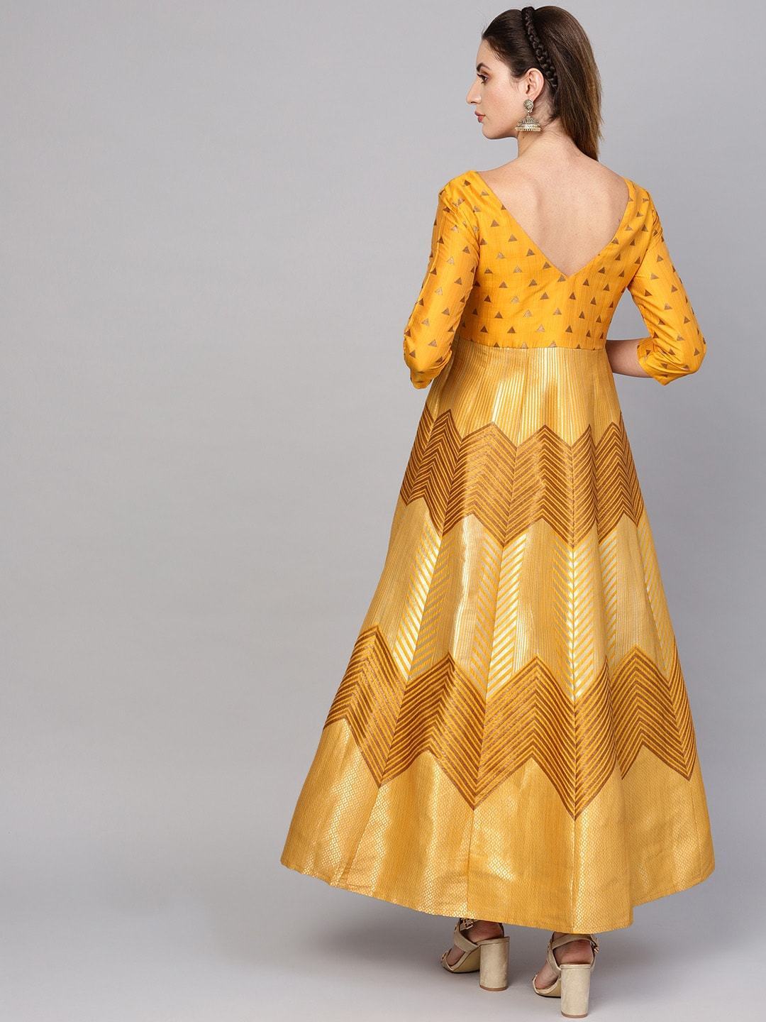 Women's  Mustard Yellow & Golden Jacquard Patterned Brocade Maxi Dress - AKS