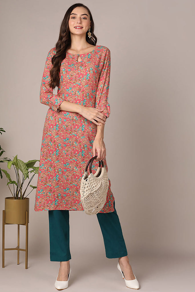 Women's Pink Viscose Rayon Floral Printed Straight Kurta