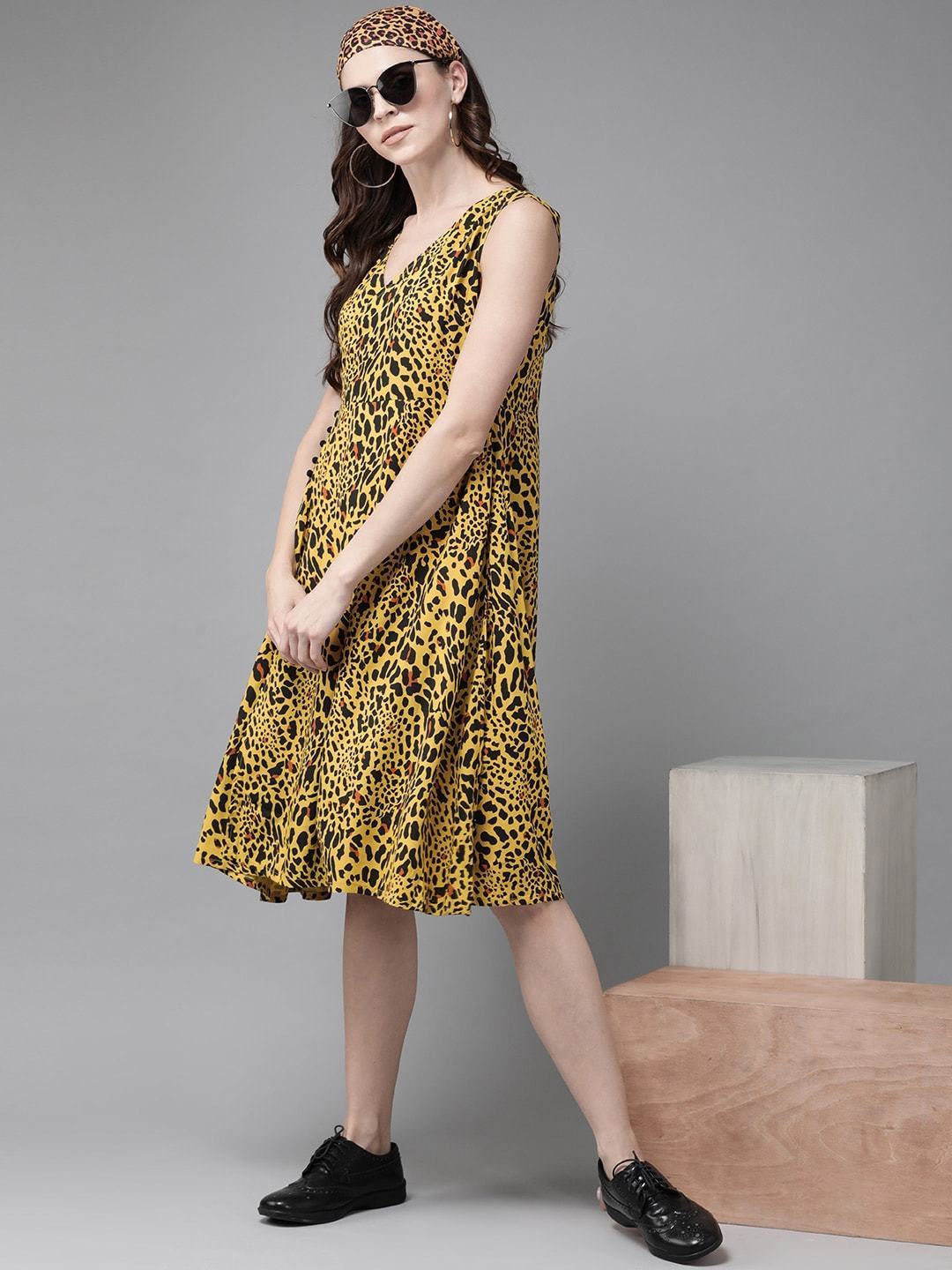 Women's  Yellow Leopard Printed Fit and Flare Dress - AKS