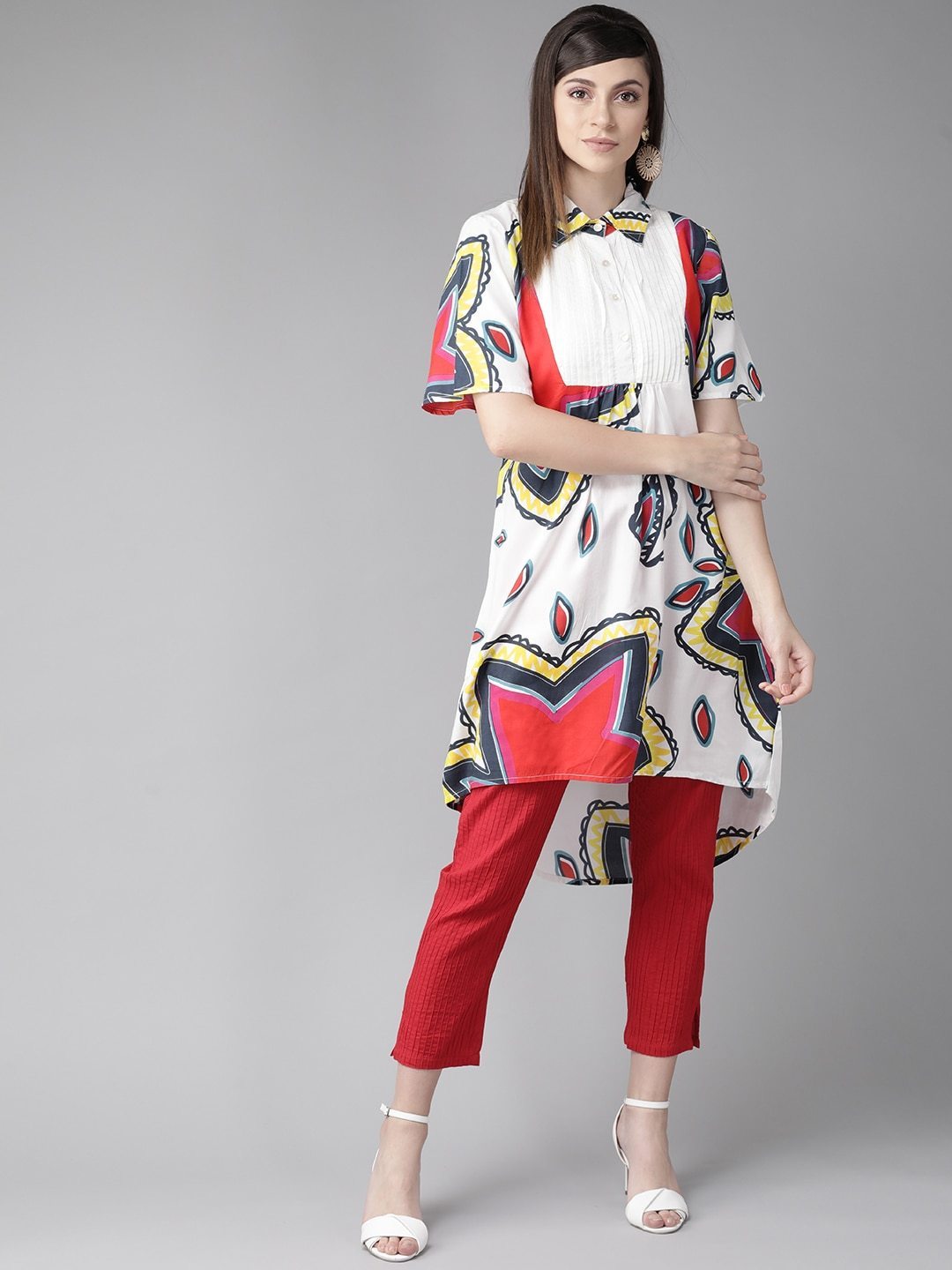 Women's  White & Red Quirky Printed A-Line Kurta - AKS