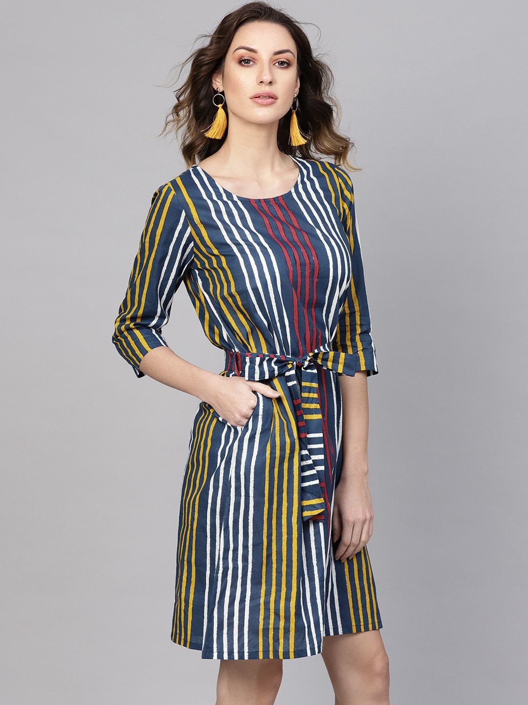 Women's  Blue & Yellow Striped A-Line Dress - AKS