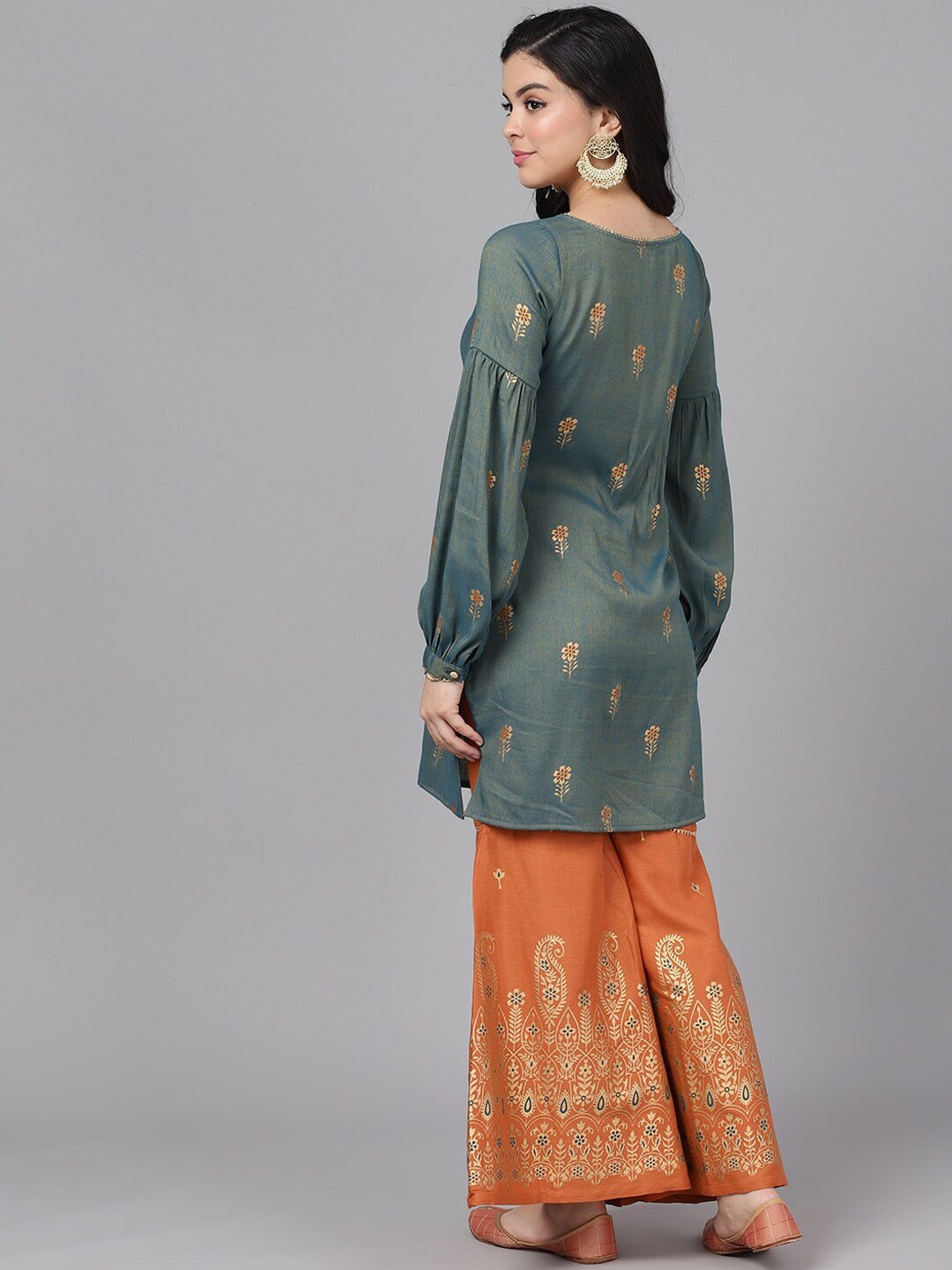 Women's  Grey & Orange Self Design Kurta with Sharara - AKS