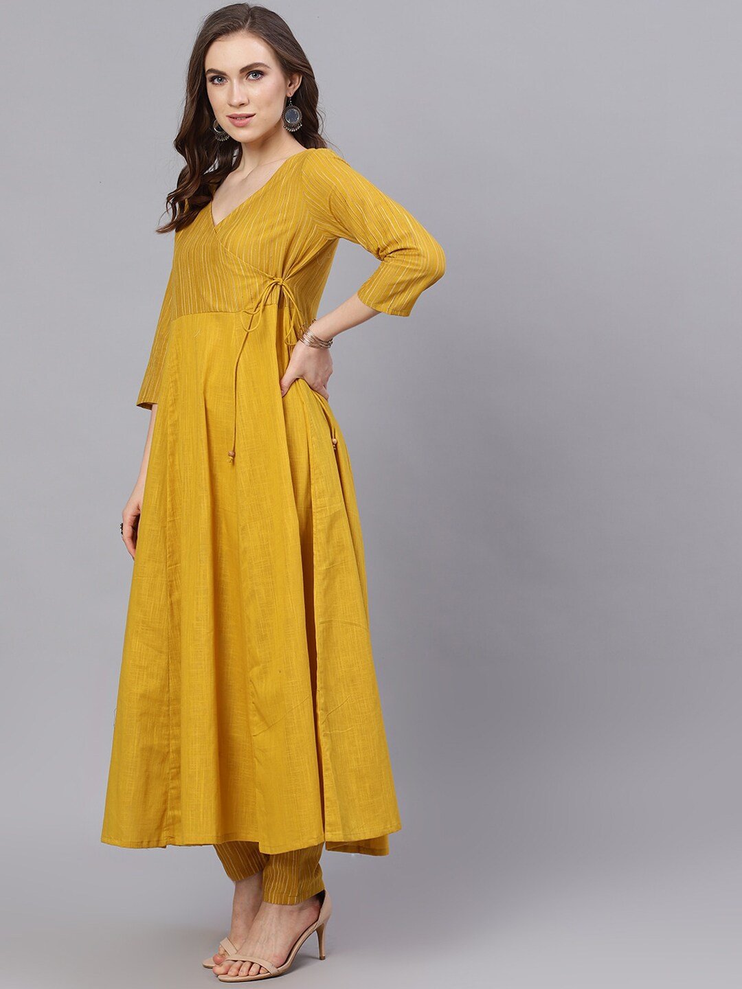 Women's  Mustard Yellow Striped Anarkali Kurta - AKS