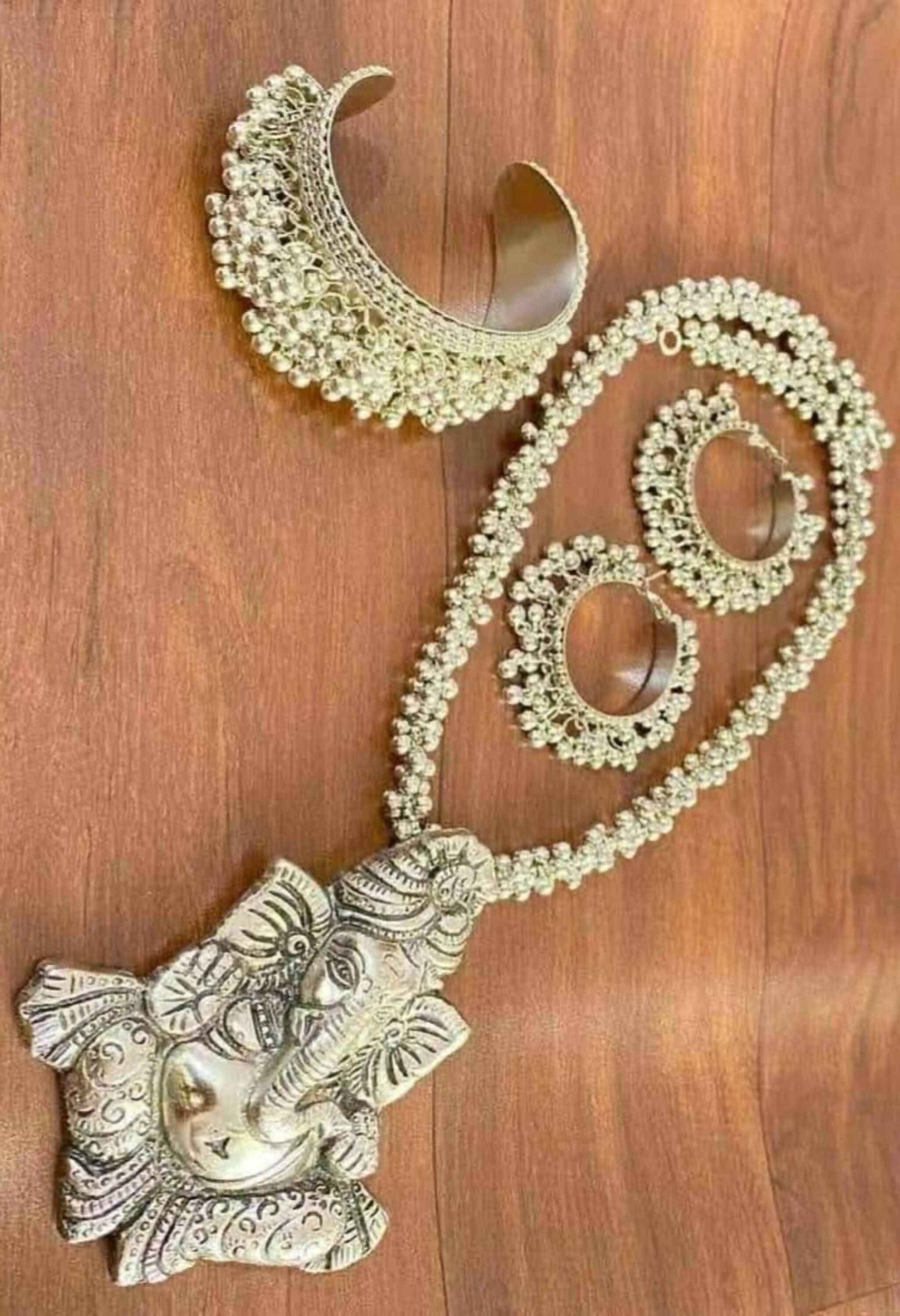 Johar Kamal German Silver Oxidised Ganesha Necklace Jkms_149