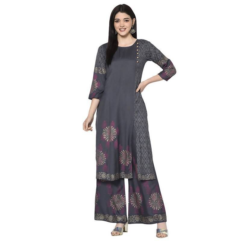 Women's Dark grey Rayon Block print straight kurta Palazzo set