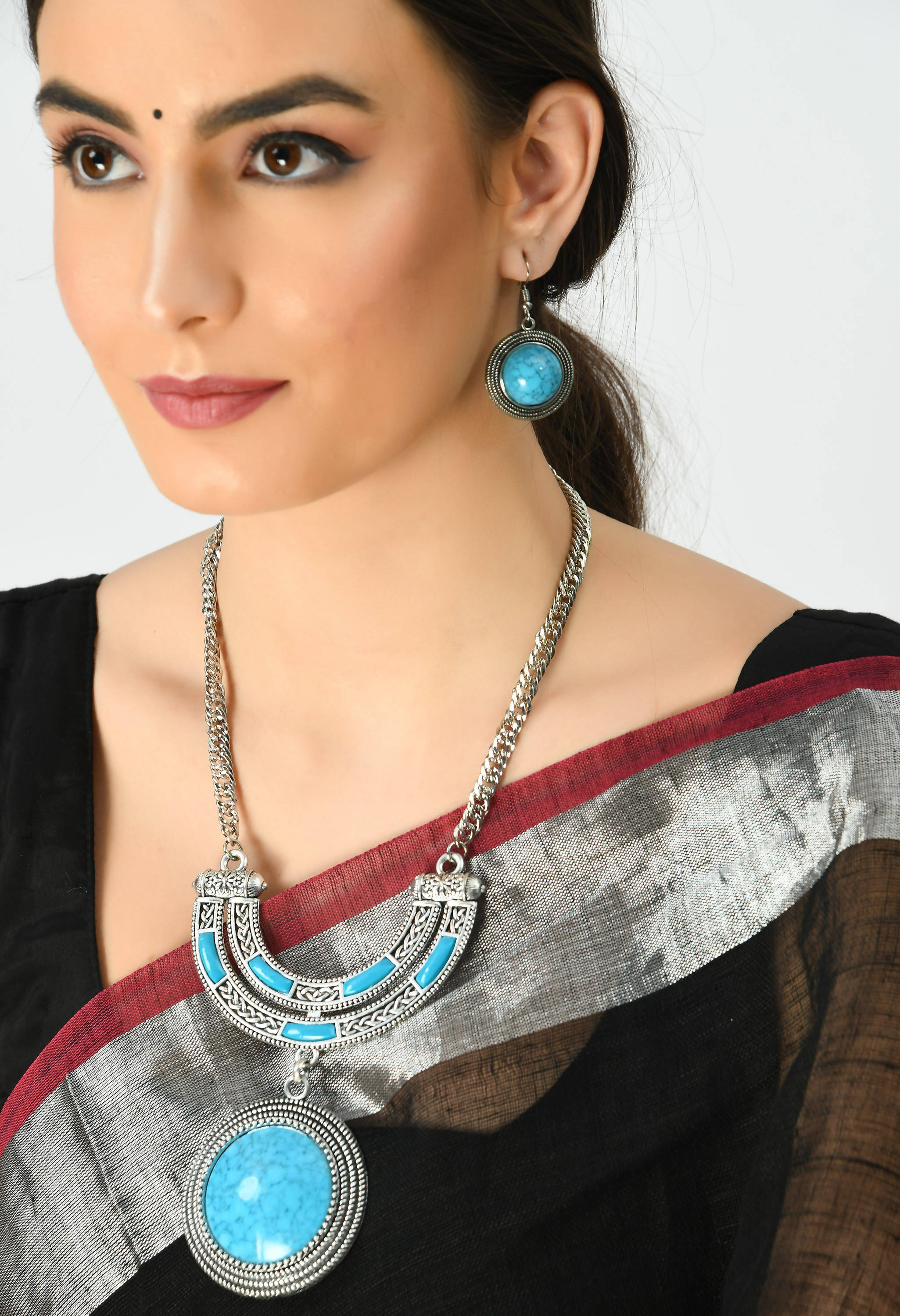 Kamal Johar Silver-Plated Rajwadi Design Necklace with Earrings Jkms_077