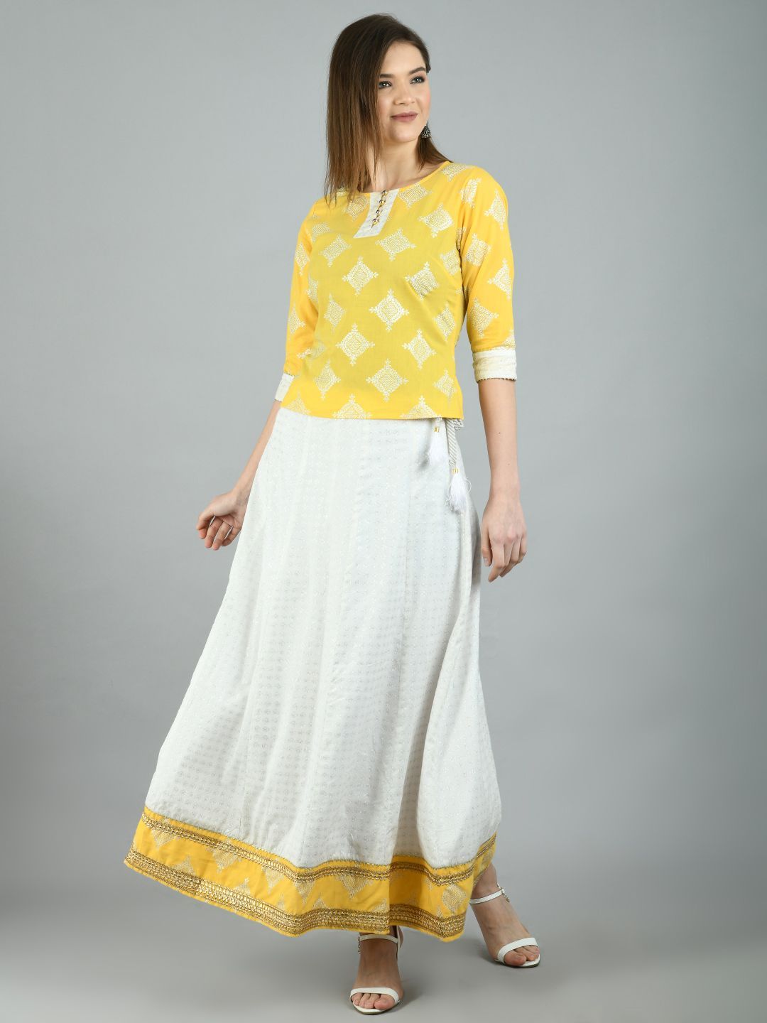 Women's Yellow Cotton Printed 3/4 Sleeve Round Neck Casual Lehenga Choli Set - Myshka